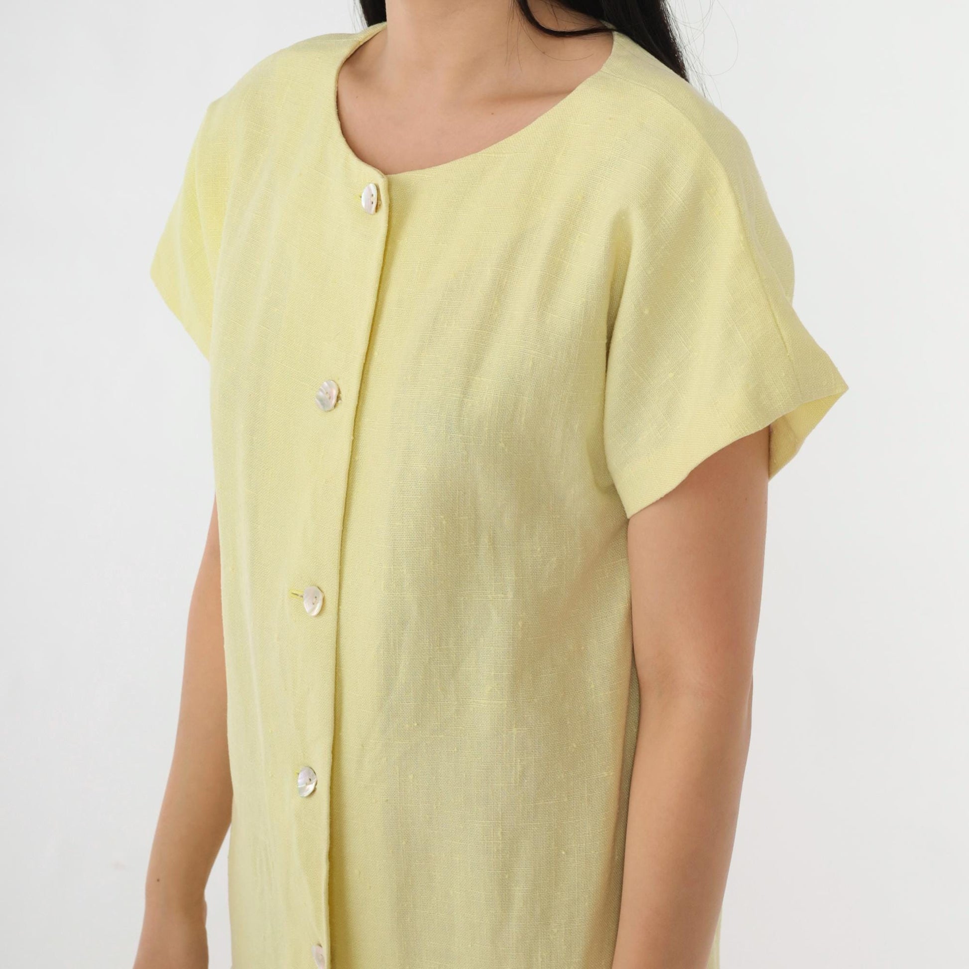 90s Yellow Linen-Look Button-Up Shift Dress Short Sleeve Small S
