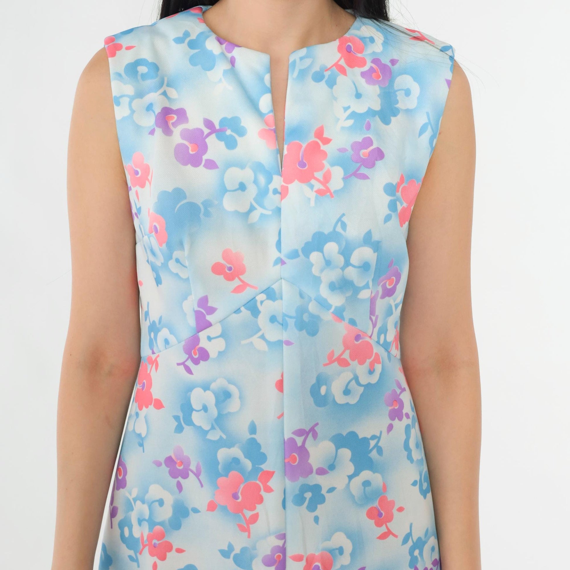 70s Floral Maxi Dress Blue Pink Botanical Print High Waist Slit Neck Small Medium