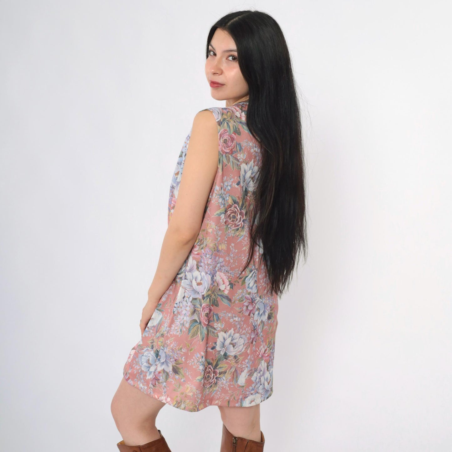 70s Mod Floral Shift Dress Dusty Pink Keyhole Tie Neck Sleeveless Mini Large L