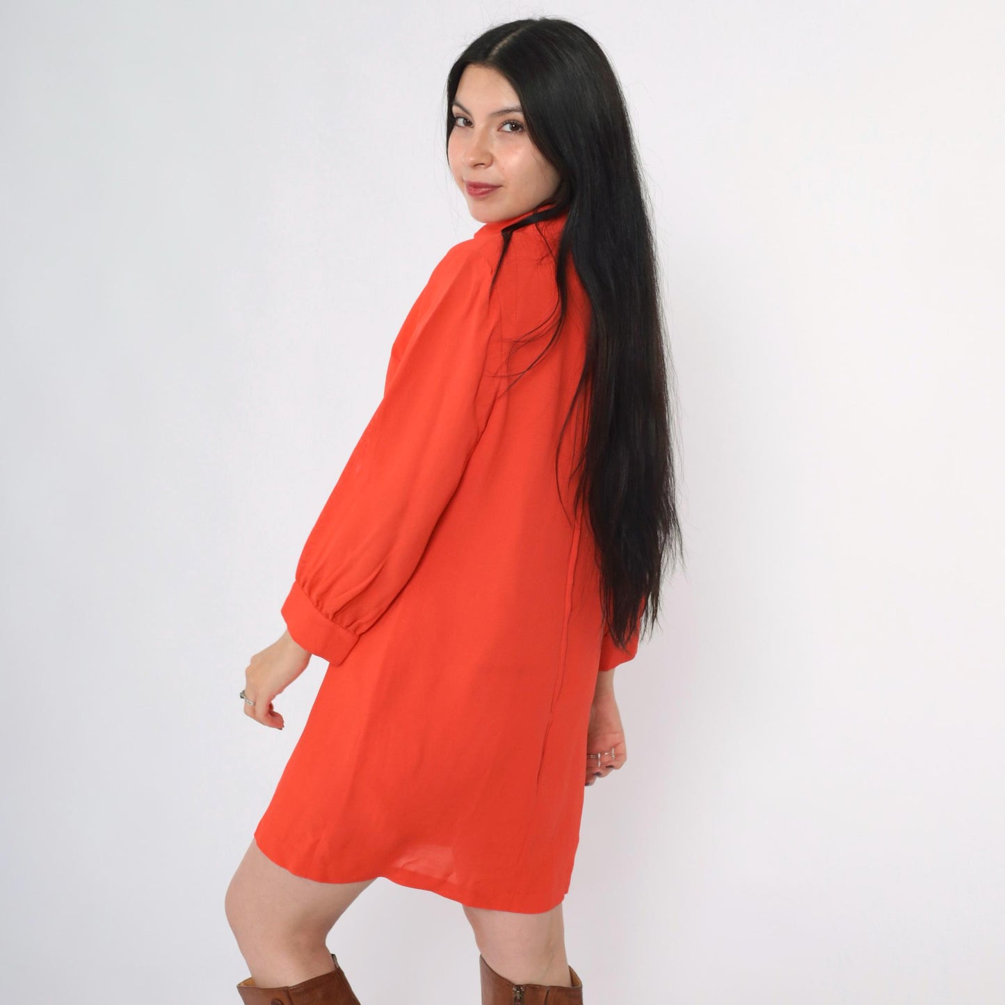 60s Orange Shift Dress Mock Neck Long Sleeve Mini Mod Space Age Small