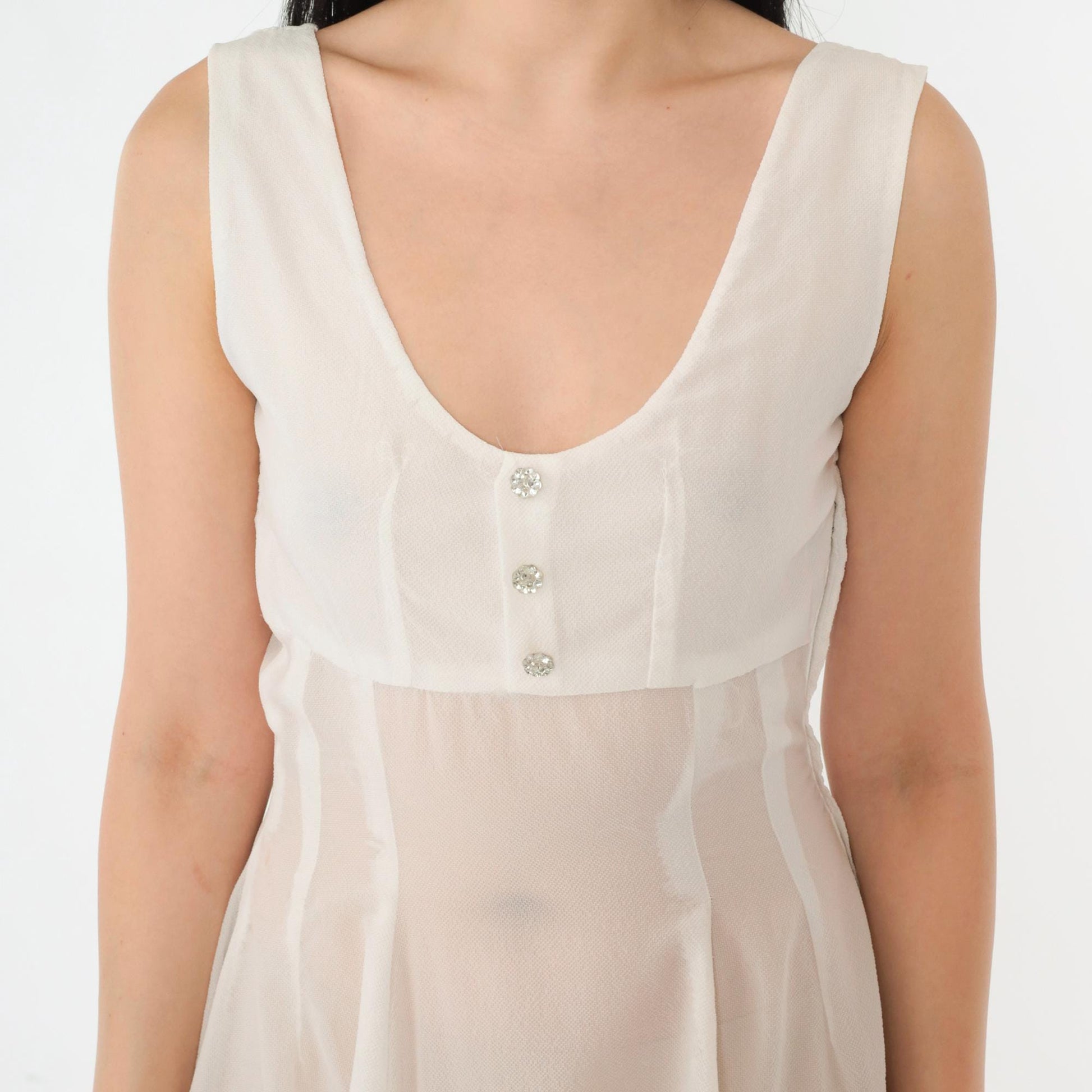 1940s Sheer White Sleeveless Gown Rhinestone Button Empire Waist Floor-Length Small
