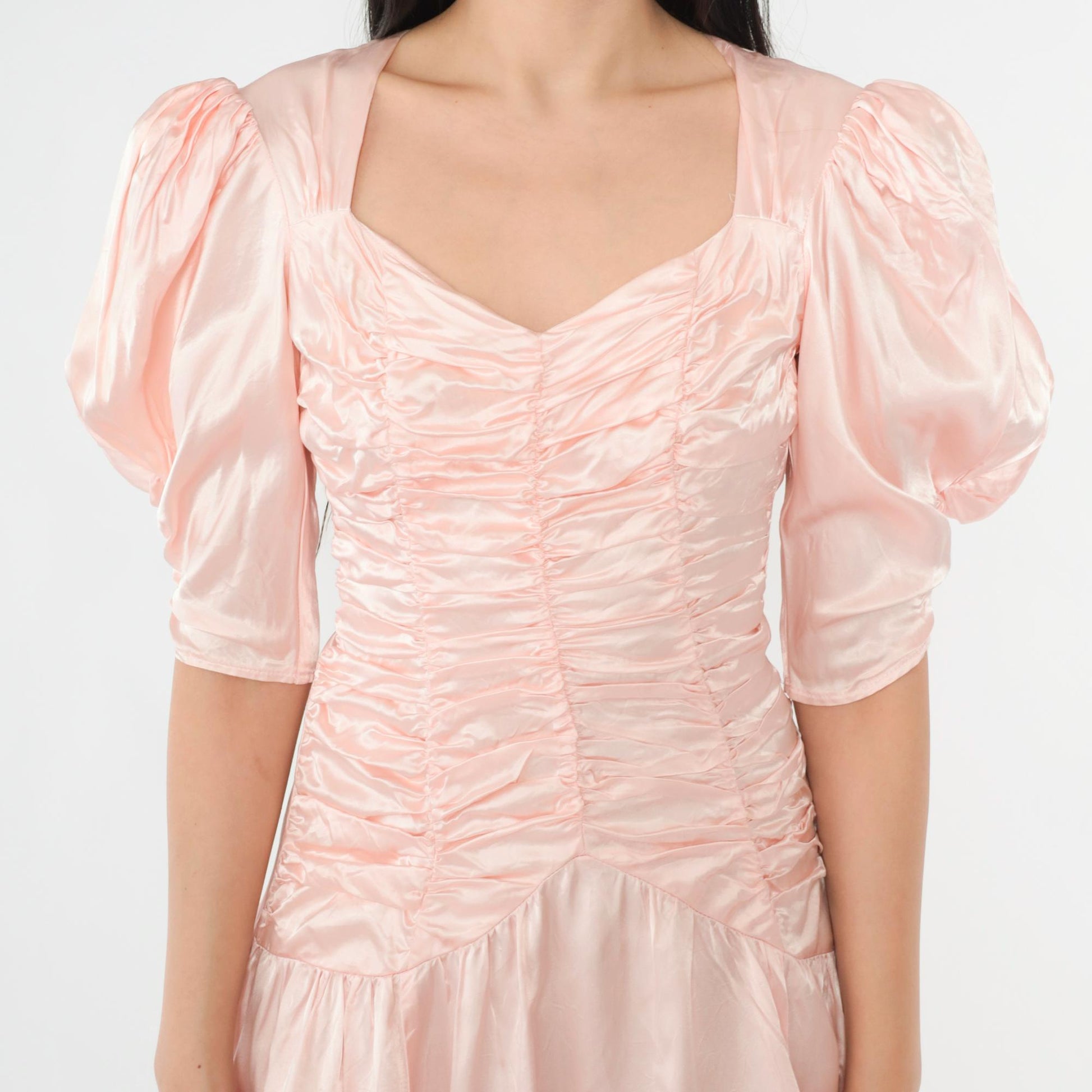 80s Jessica McClintock Gunne Sax Pink Satin Midi Dress Puff Sleeve Open Back Extra Small