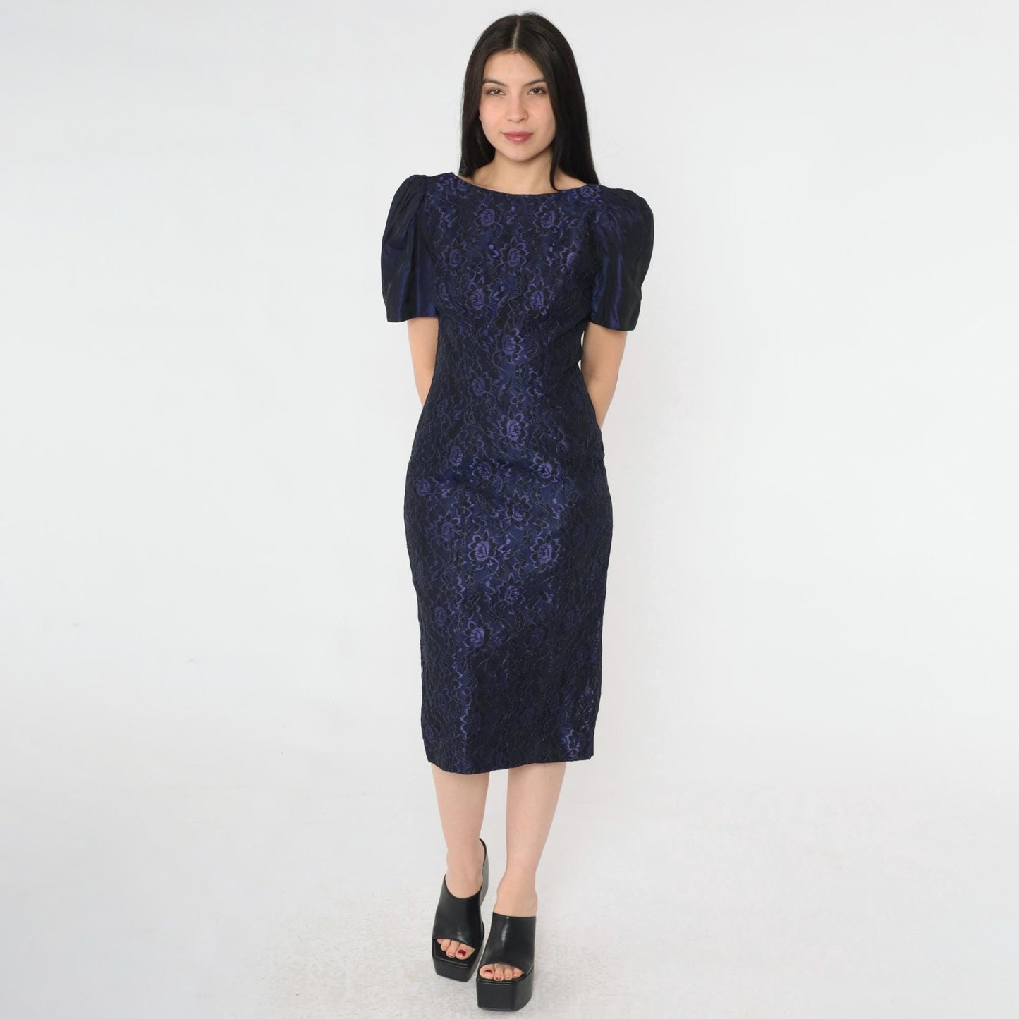80s Purple Taffeta Lace Sheath Dress Puff Sleeve Boat Neck Knee Length Extra Small