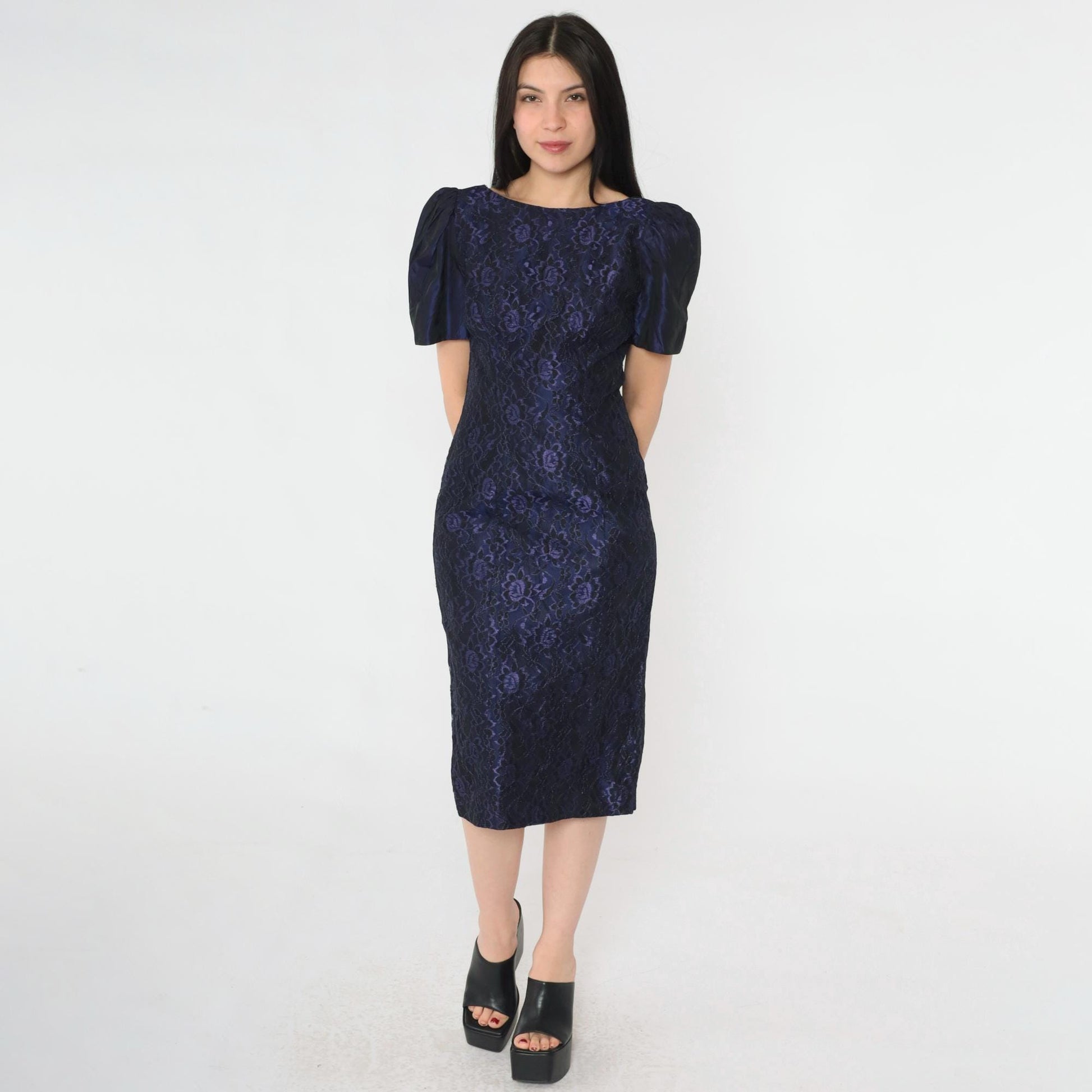 80s Purple Taffeta Lace Sheath Dress Puff Sleeve Boat Neck Knee Length Extra Small