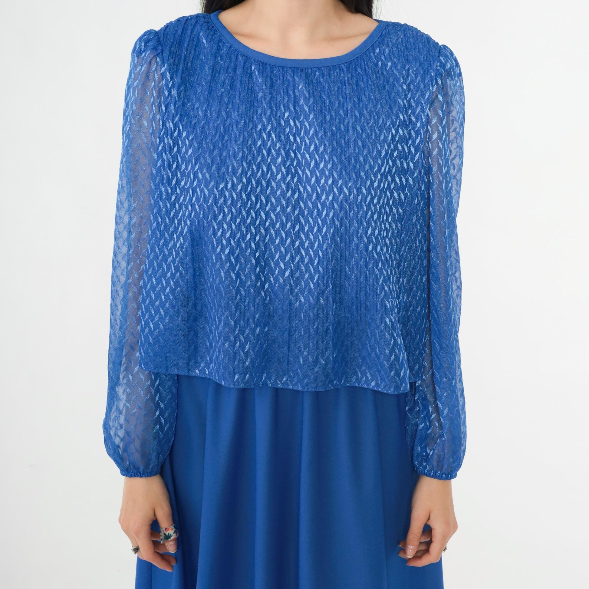 80s Royal Blue Midi Dress Puff Sleeve High Waist Pleated Bodice Small