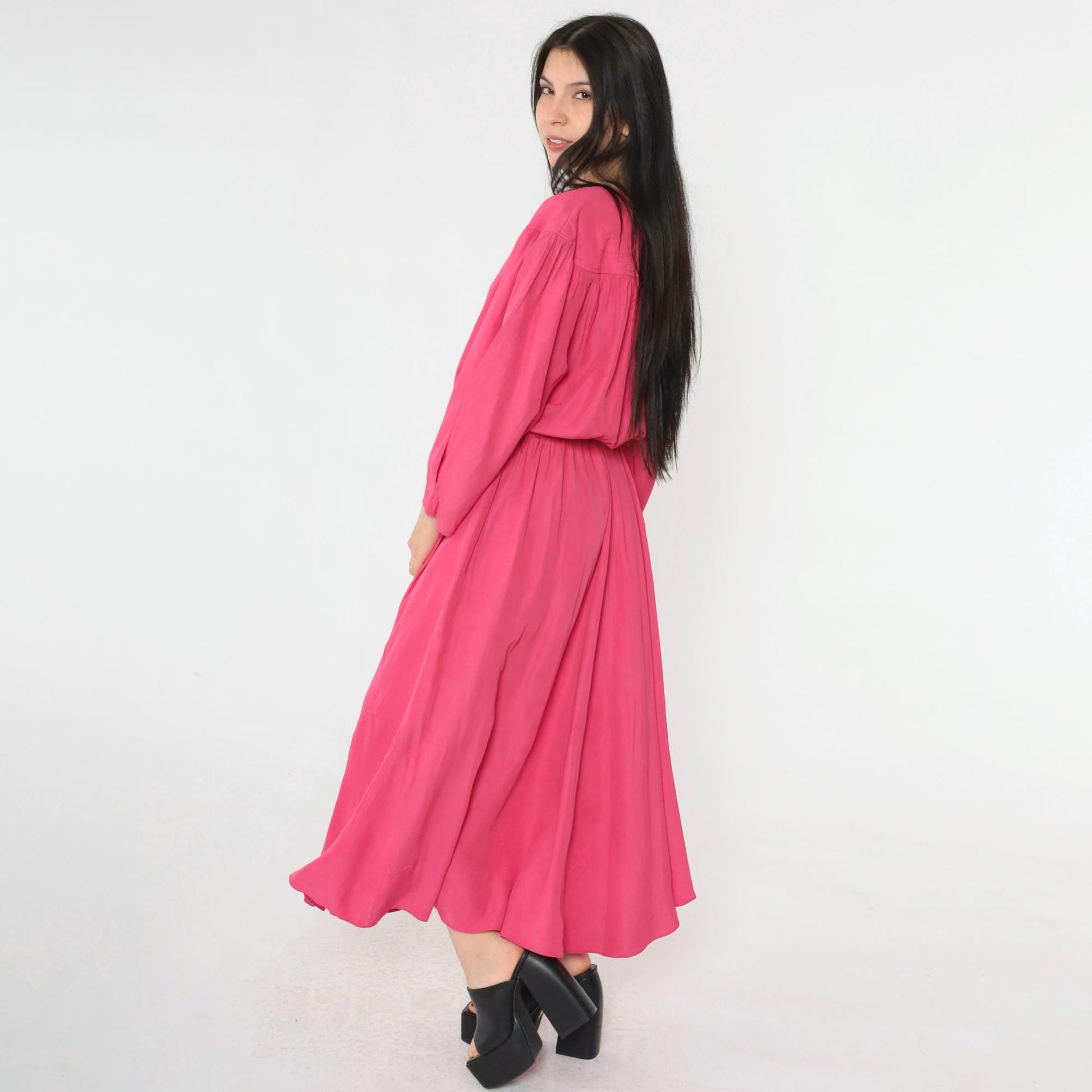80s S.L. Fashions Hot Pink Button-Up Midi Dress V-Neck Long Sleeve Large