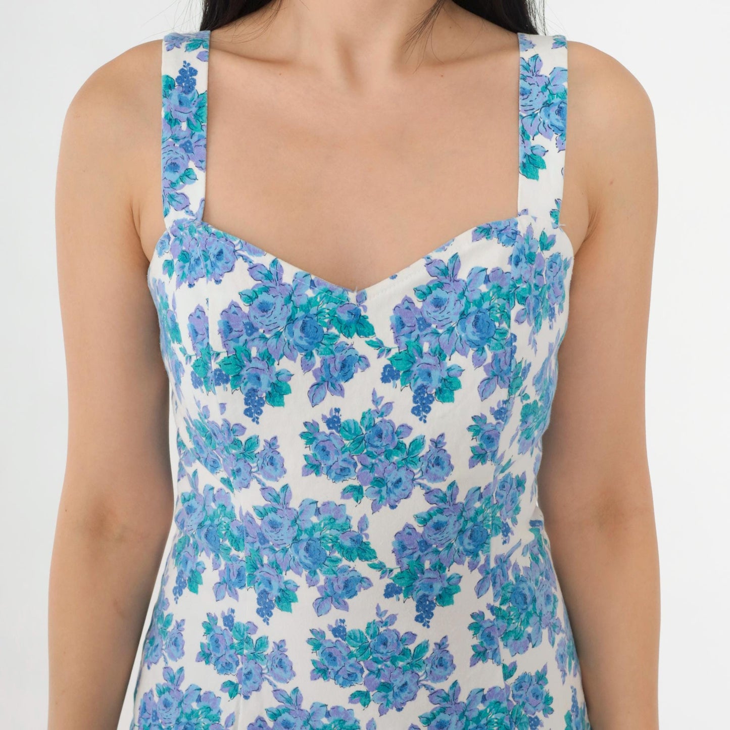 90s Floral Bodycon Mini Dress Sweetheart Neckline White Blue Small S
