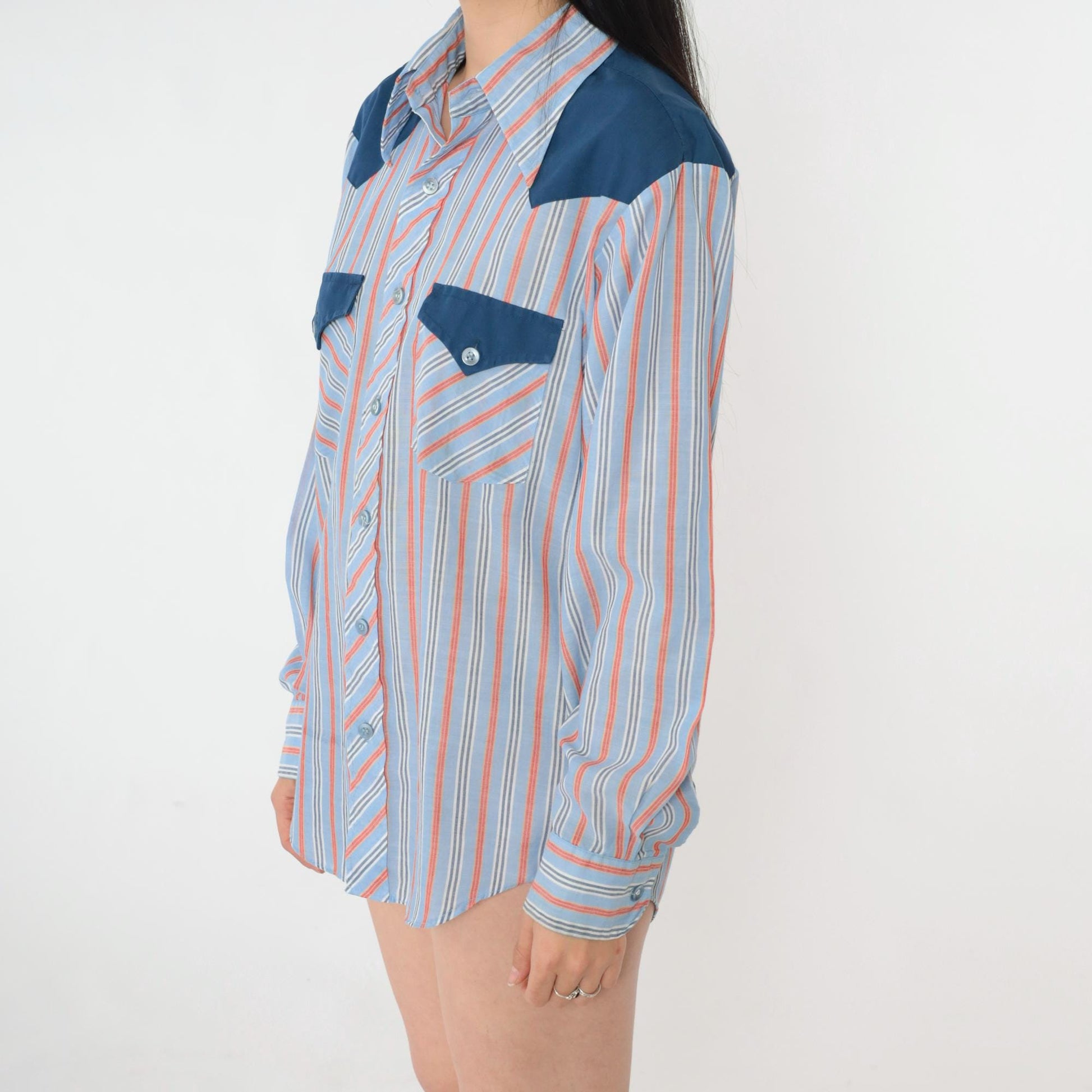 70s Western Shirt Blue Orange Striped Pearl Snap Dagger Collar Men's Medium