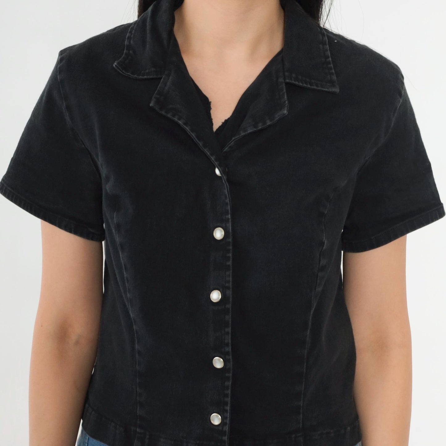 90s Black Pearl Snap Button Blouse Short Sleeve Fitted Crop Small S