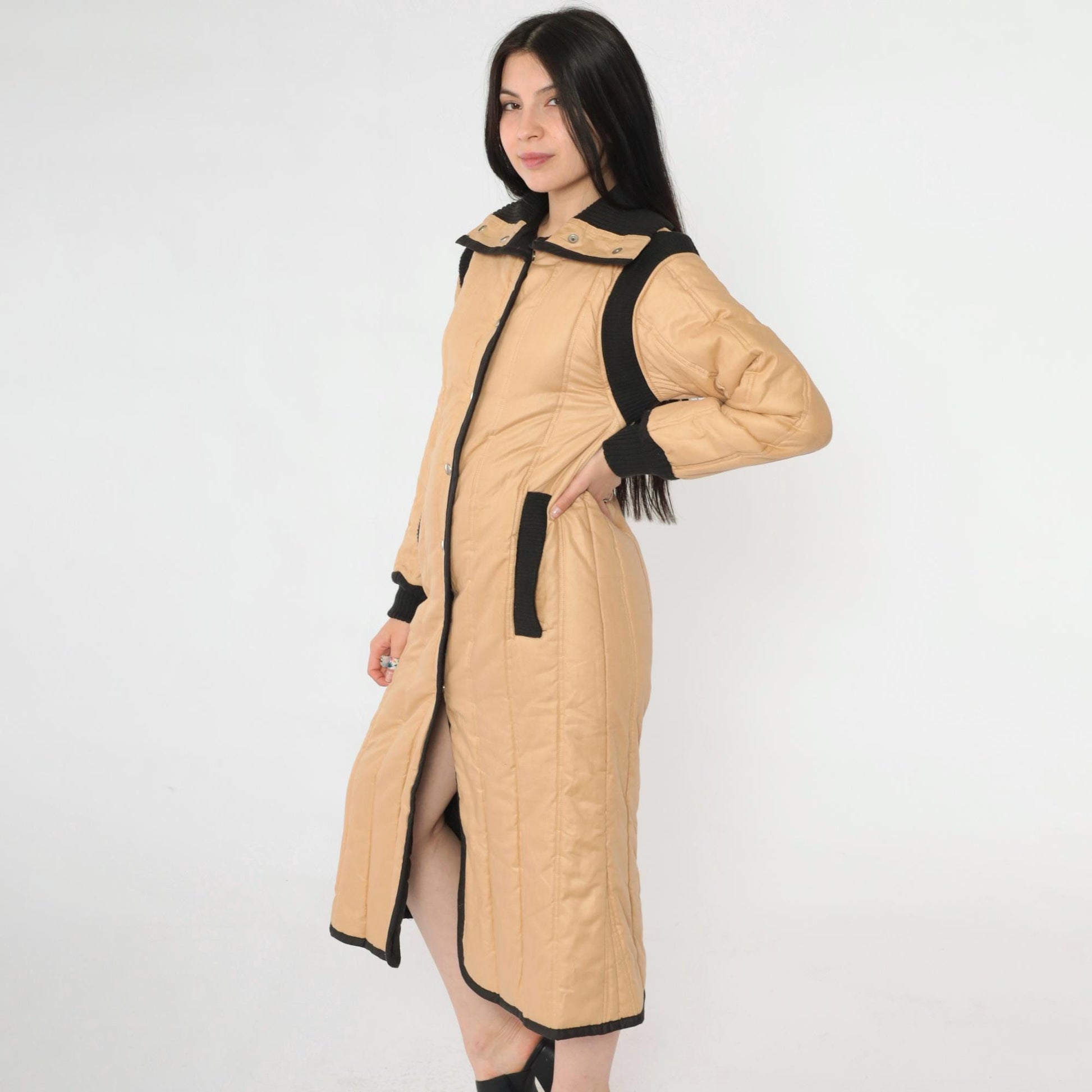 80s Furrrina Quilted Parka Tan Black Long Puffer Jacket Small