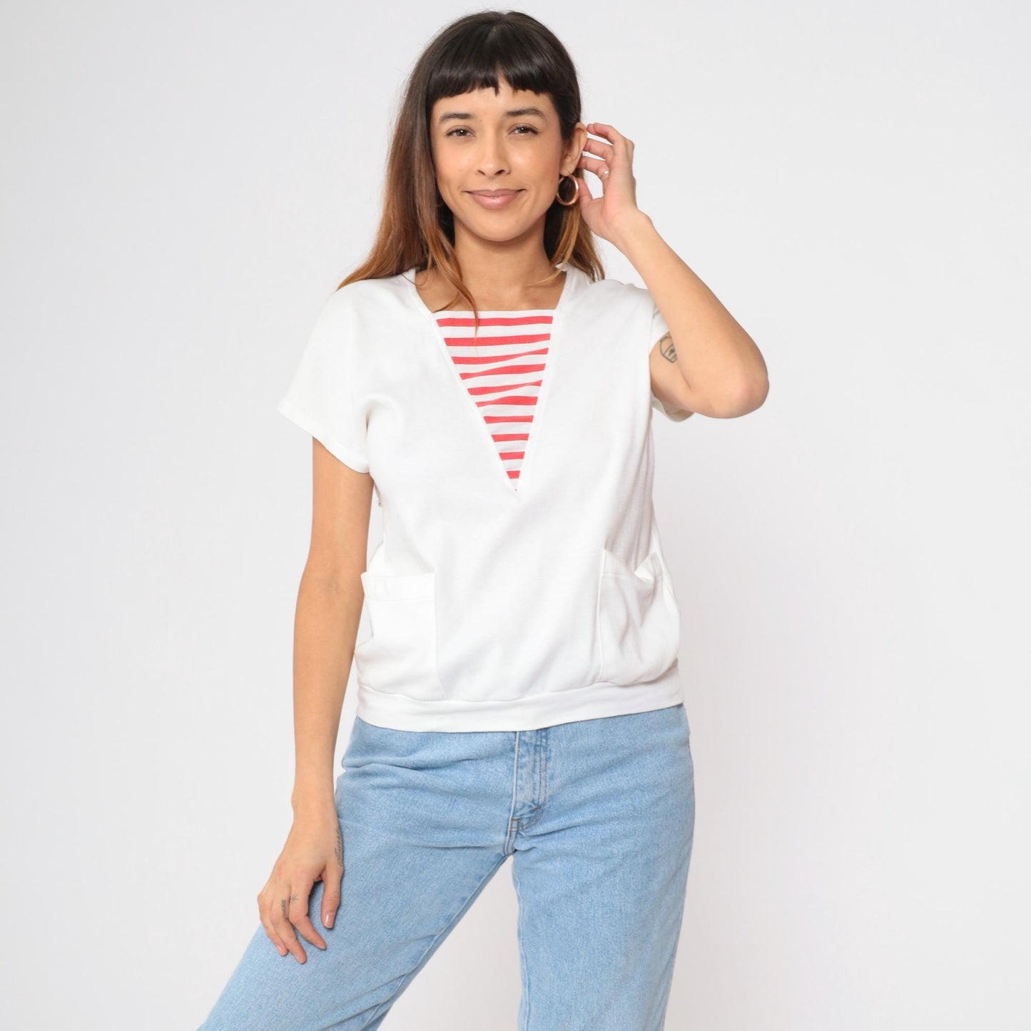 80s White Red Striped T-Shirt Nautical Pocket Tee Short Sleeve Small S