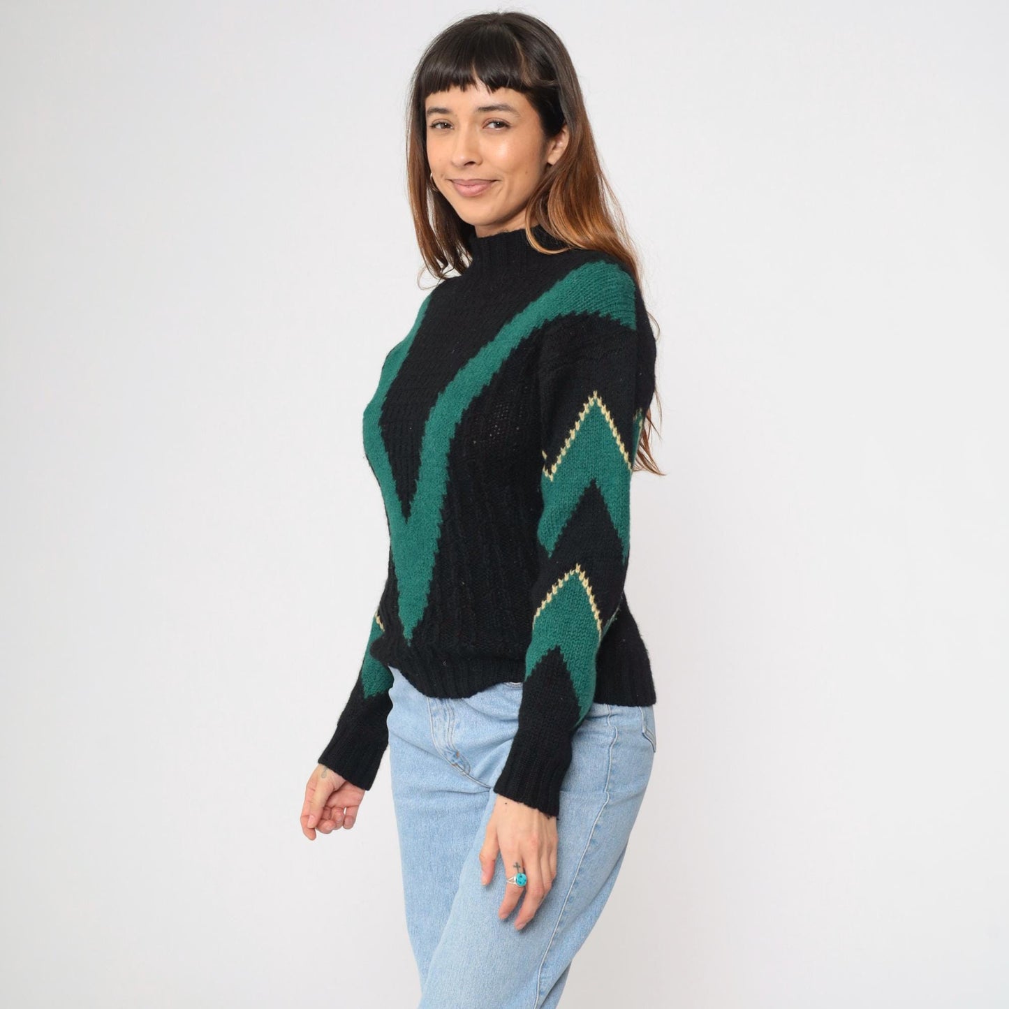 80s Skyr Sportswear Wool Sweater Chevron Zigzag Mock Neck Black Extra Small