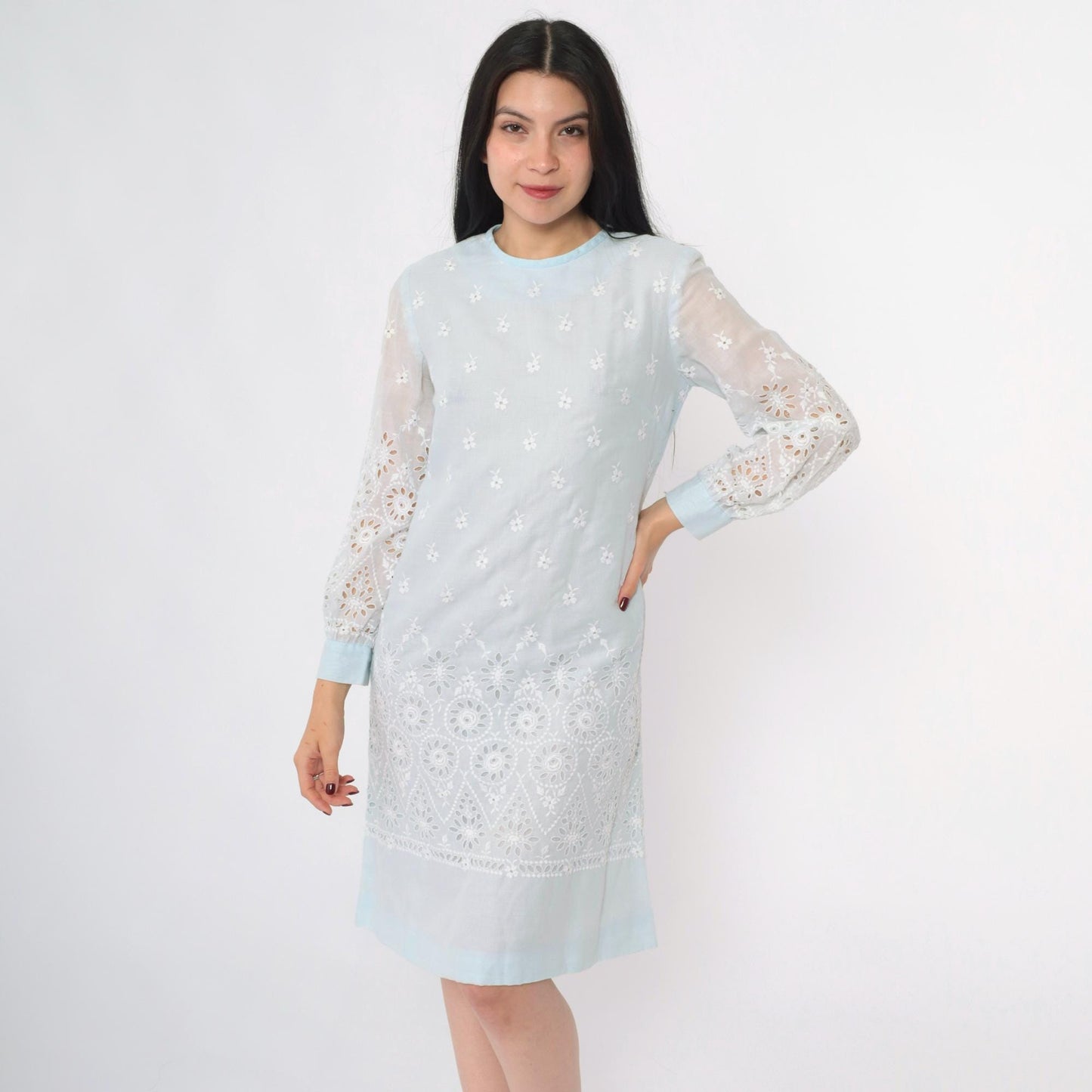 60s Howard Wolf Baby Blue Eyelet Lace Mini Dress Long Sleeve Small S