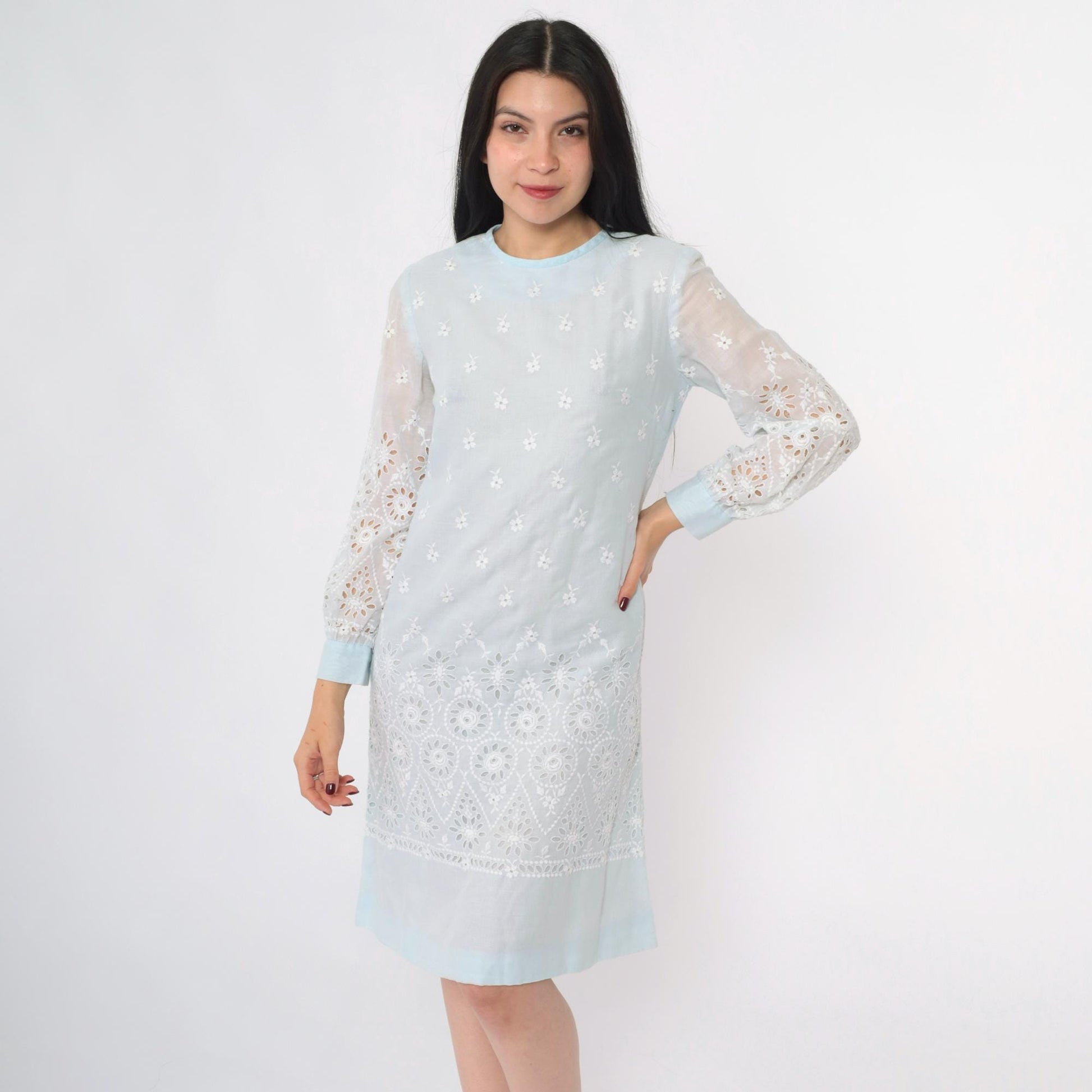 60s Howard Wolf Baby Blue Eyelet Lace Mini Dress Long Sleeve Small S