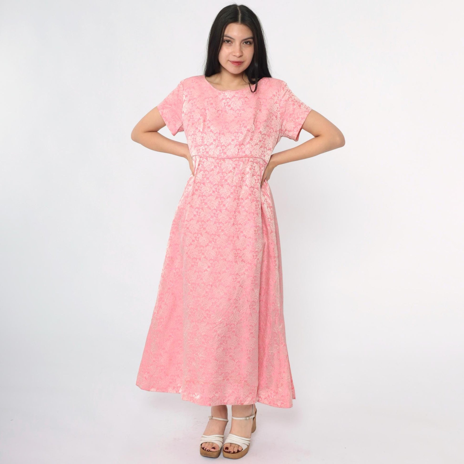 1960s Pink Floral Brocade Maxi Dress Bow Back High Waist Short Sleeve Medium