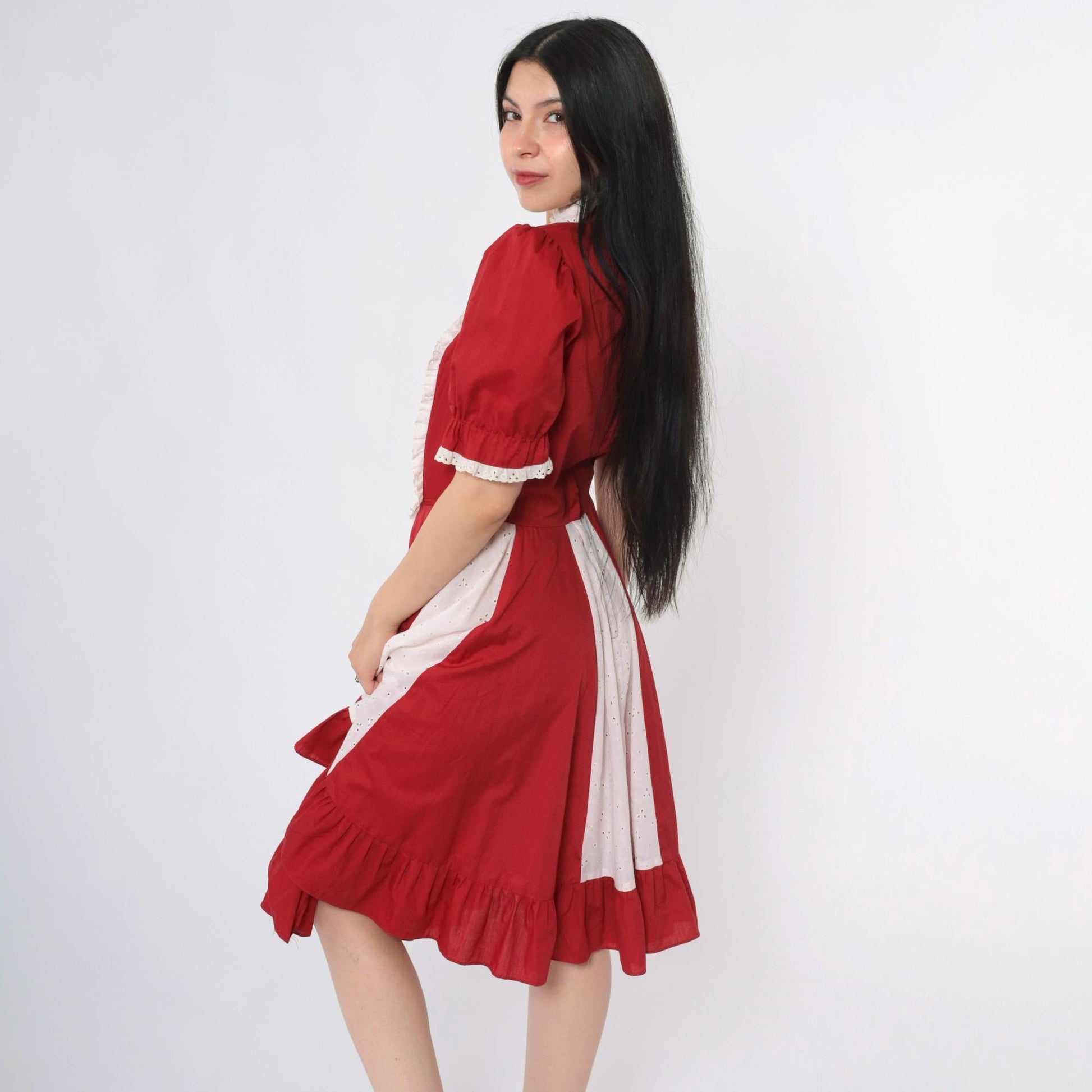 70s Burgundy Eyelet Lace Prairie Dress Puff Sleeve Midi High Waist Small