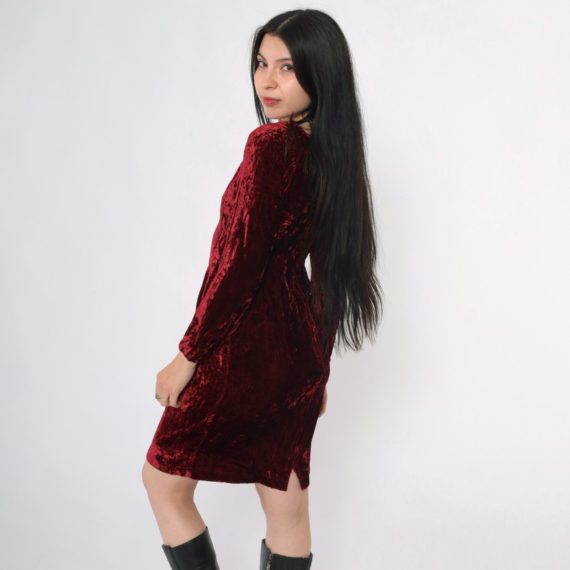 80s Burgundy Velvet Puff Sleeve Dress Sweetheart Neckline Mini Extra Small