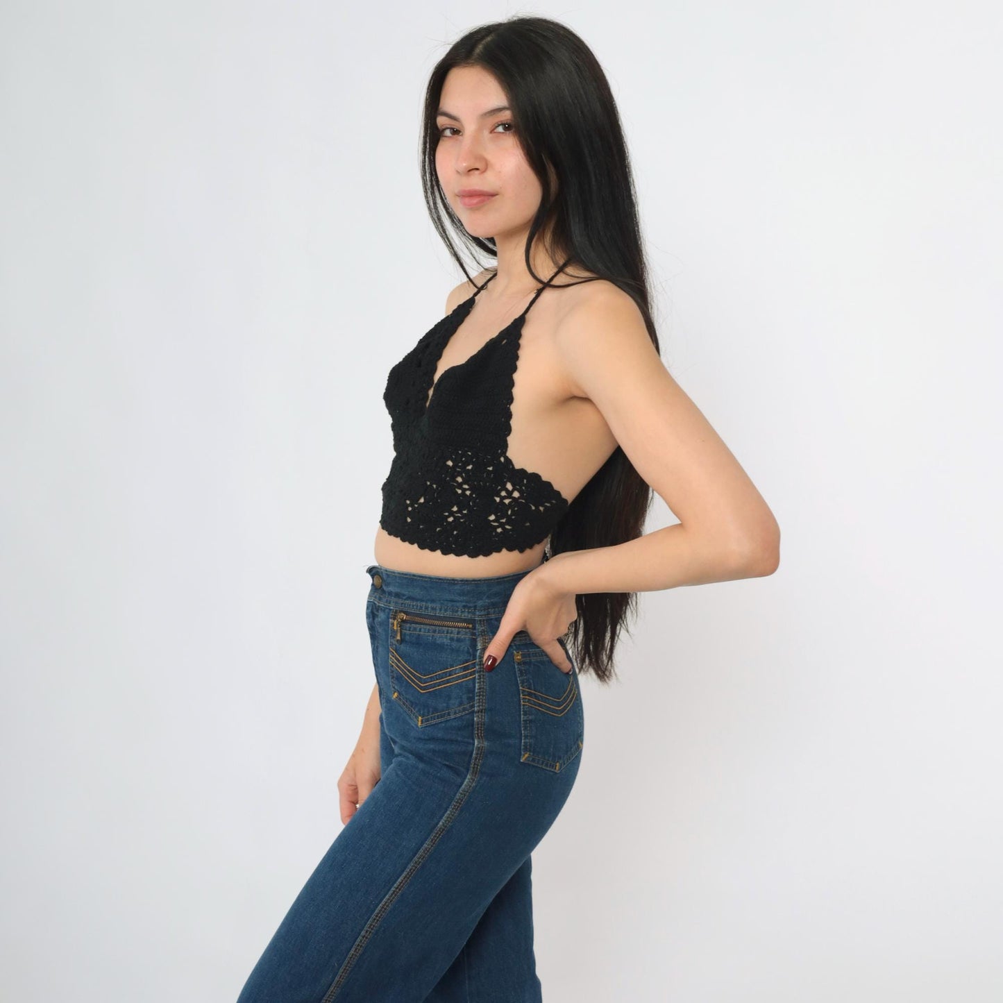 Y2K Black Crochet Halter Crop Top Tie Back V-Neck Knit Small