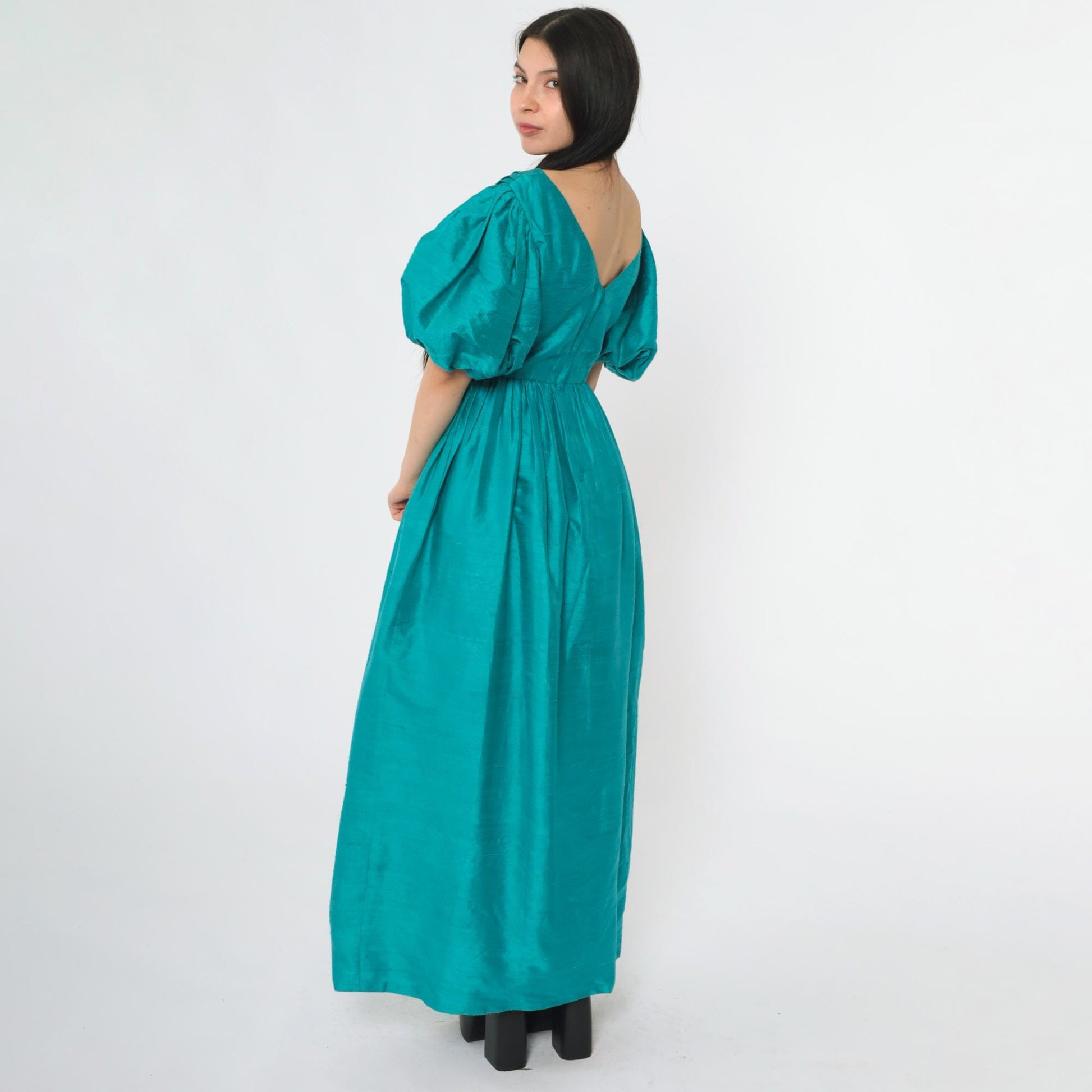 80s House of Bianchi Teal Silk Puff Sleeve Maxi Gown Low Back Extra Small
