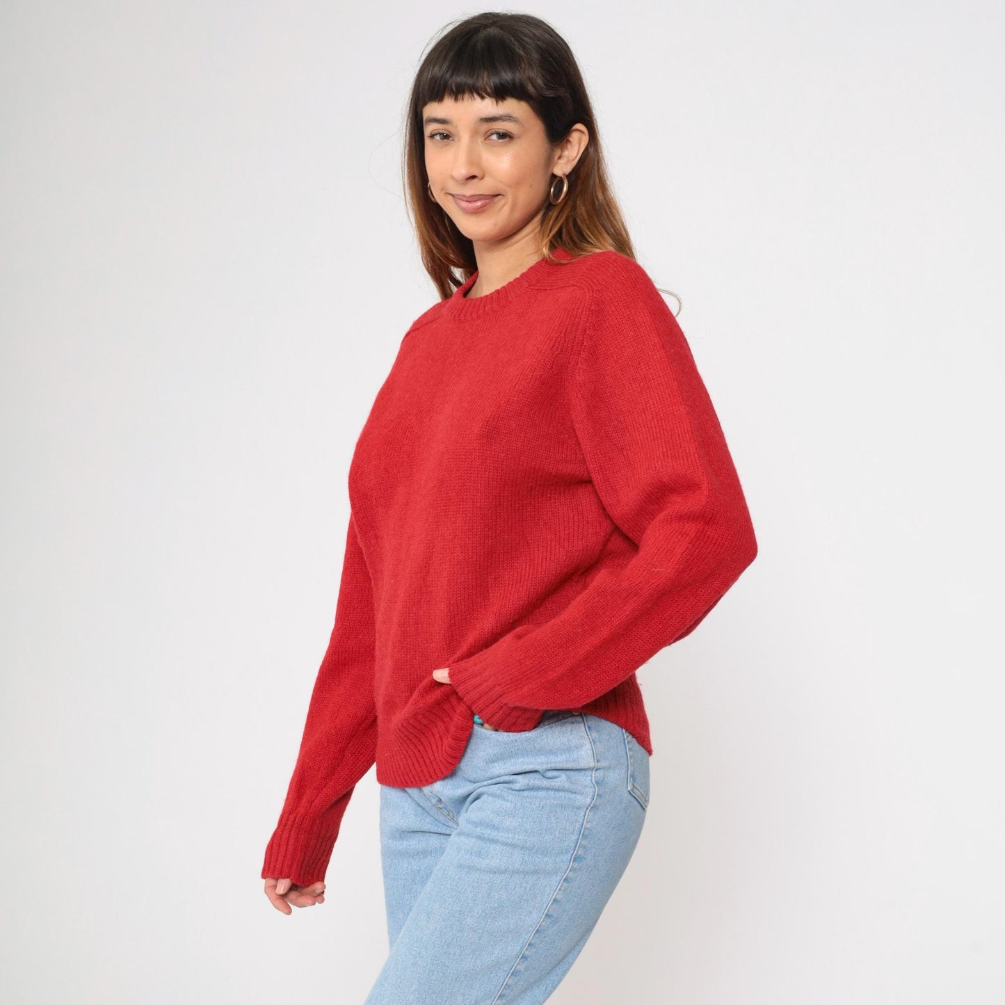 80s Red Wool Crewneck Sweater Plain Knit Pullover Medium M