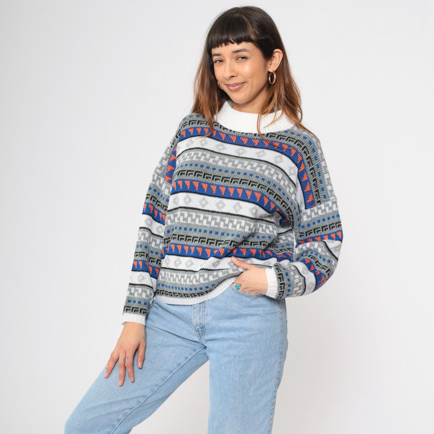 80s Geometric Striped Knit Sweater White Blue Mock Neck Pullover Medium