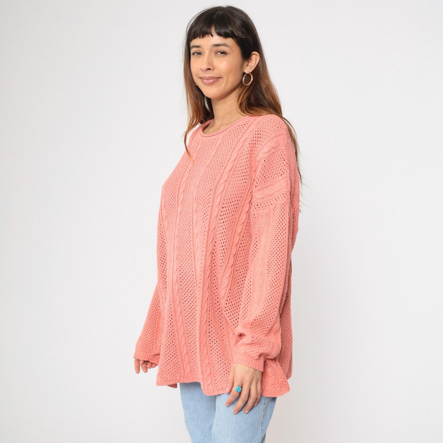 90s Metallic Pink Cable Knit Sweater Openwork Pullover Plus Size XXL