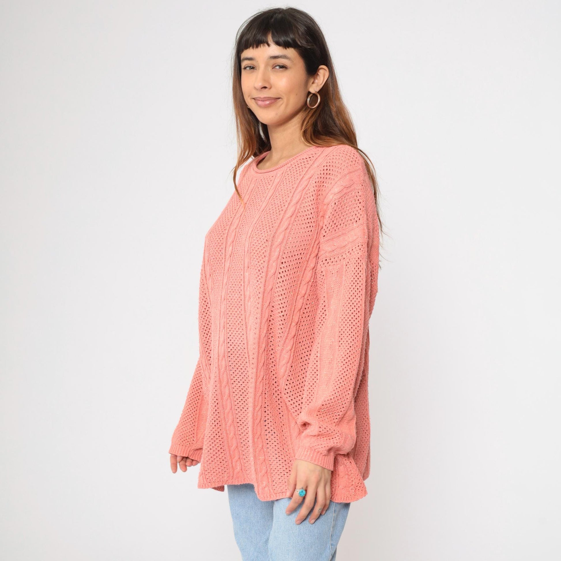 90s Metallic Pink Cable Knit Sweater Openwork Pullover Plus Size XXL