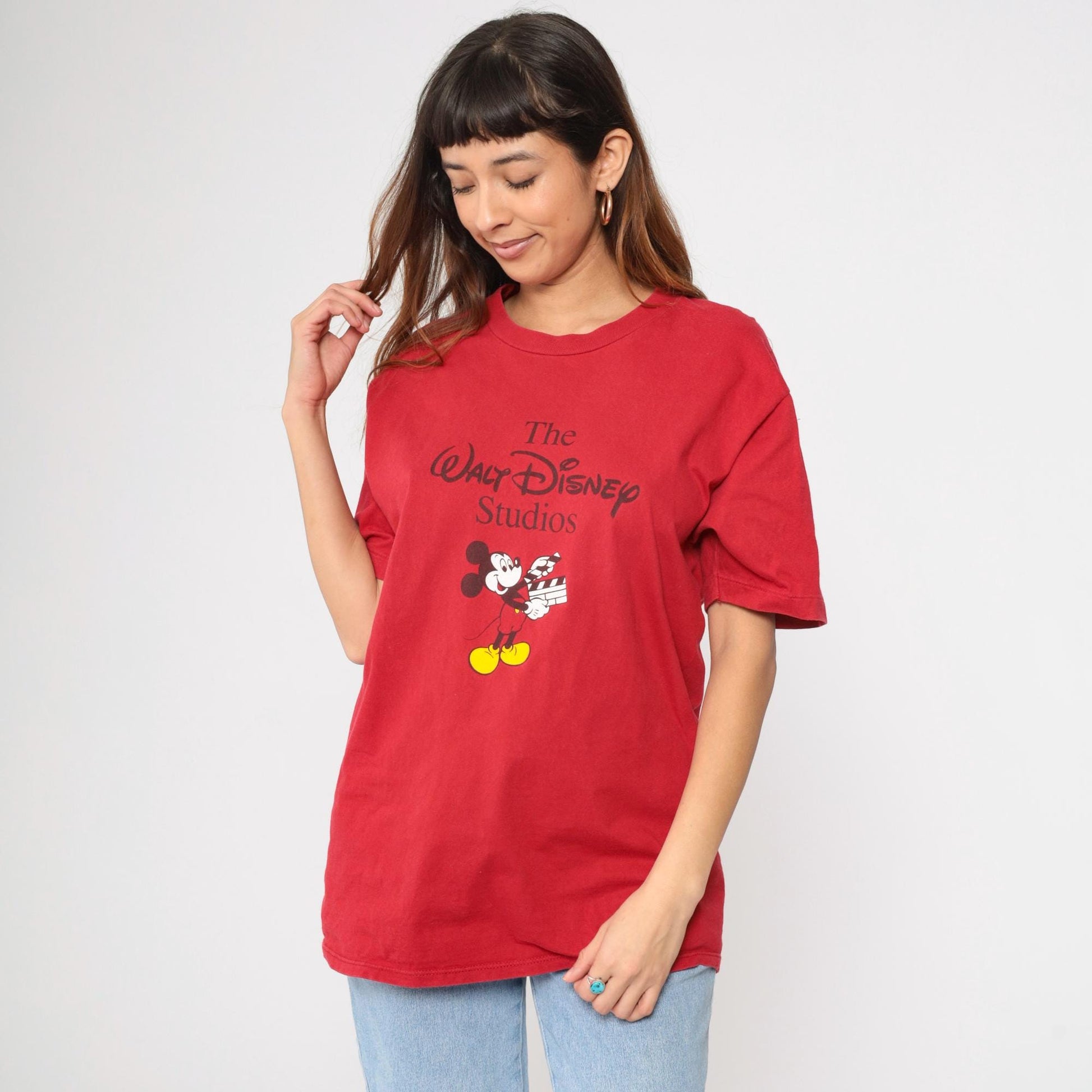 90s Mickey Mouse Disney Studios Graphic T-Shirt Red Cotton Medium