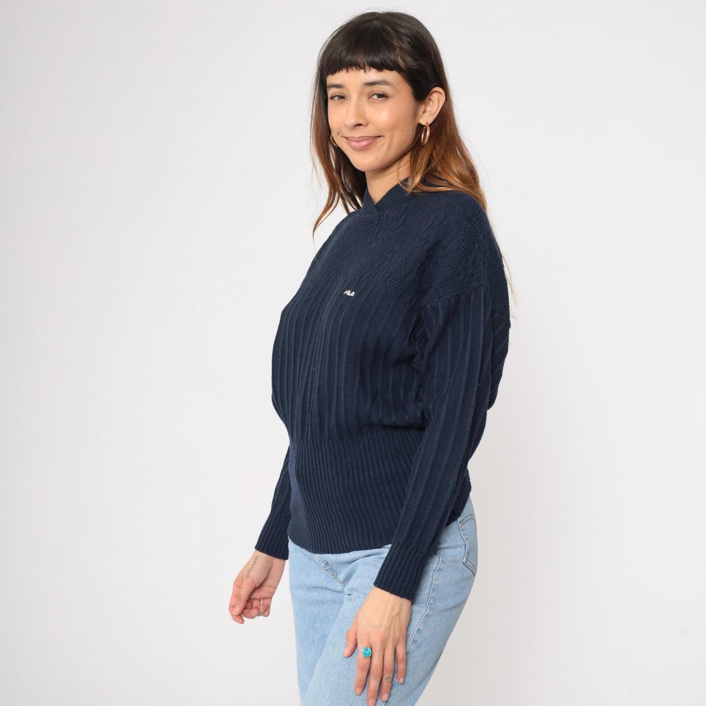 90s FILA Navy Wool Pullover Sweater Shawl Collar Ribbed Knit Small