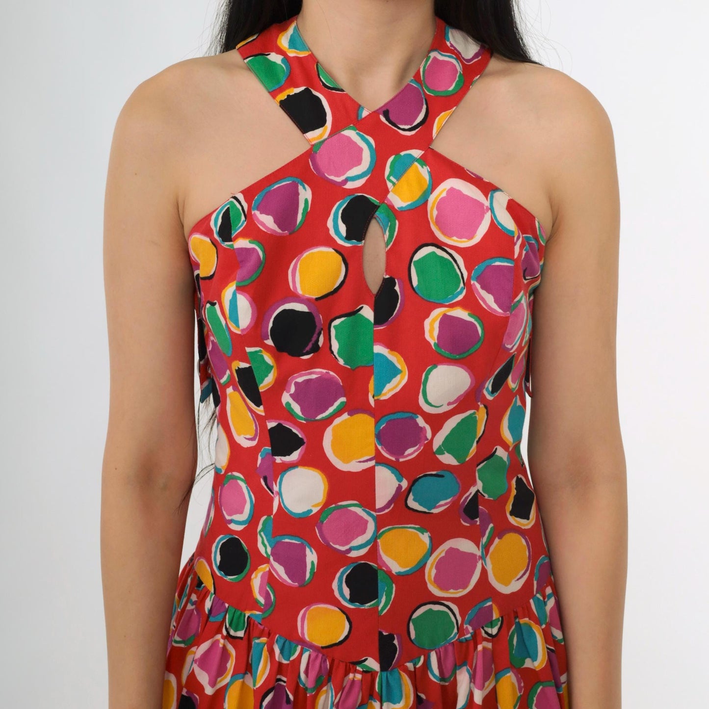 80s Paluzzi Red Cotton Halter Dress Keyhole Cutout Open Back Knee XS