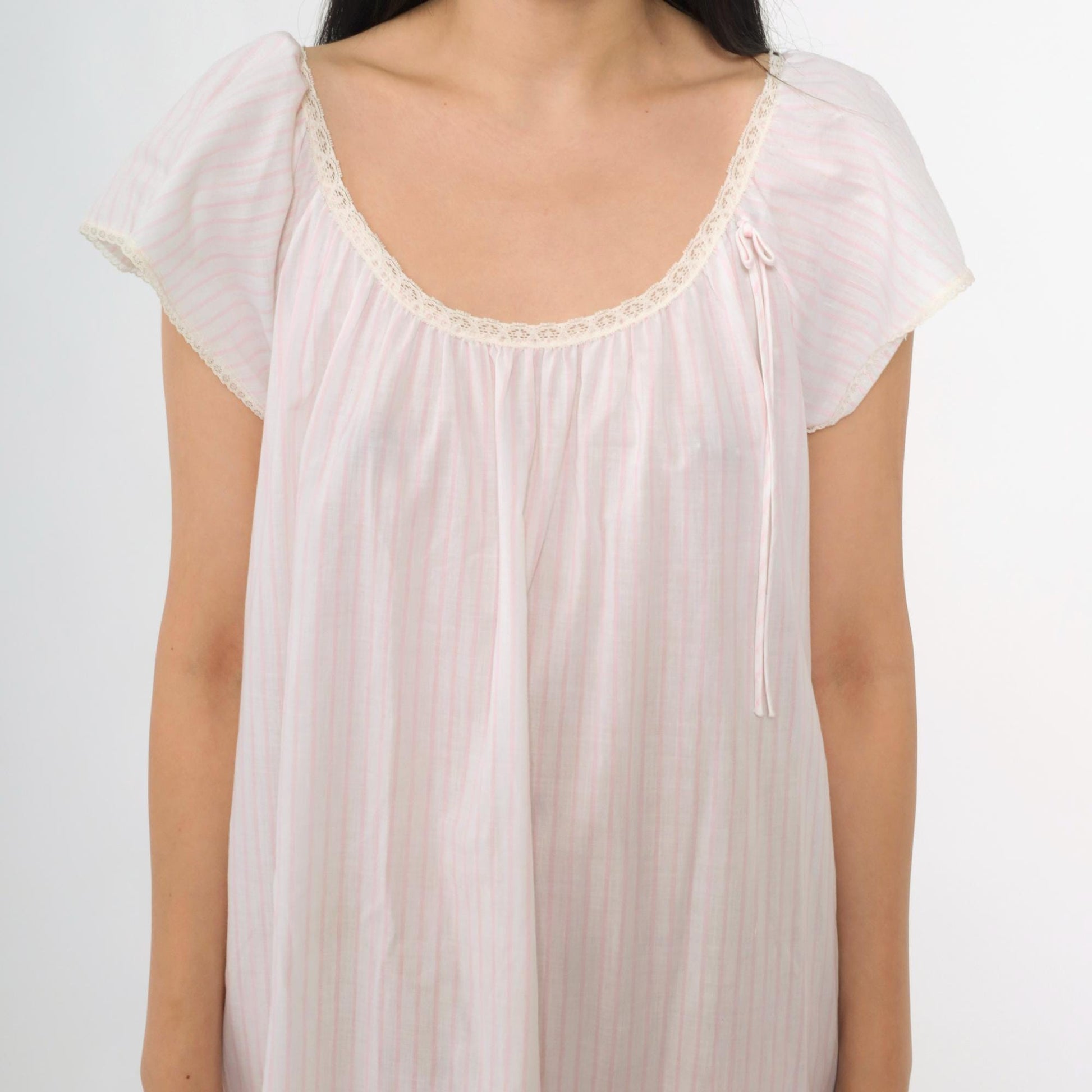80s Miss Elaine Pink Striped Midi Nightgown Lace Scoop Neck Medium