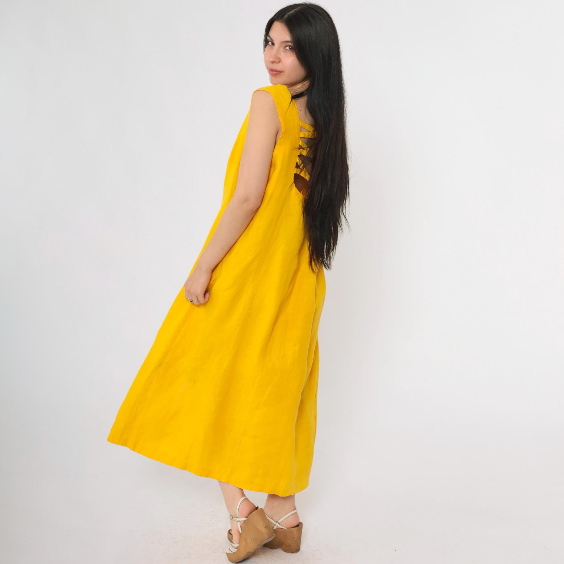 90s Navora Yellow Linen Maxi Dress Cutout Back O-Ring Straps Large L