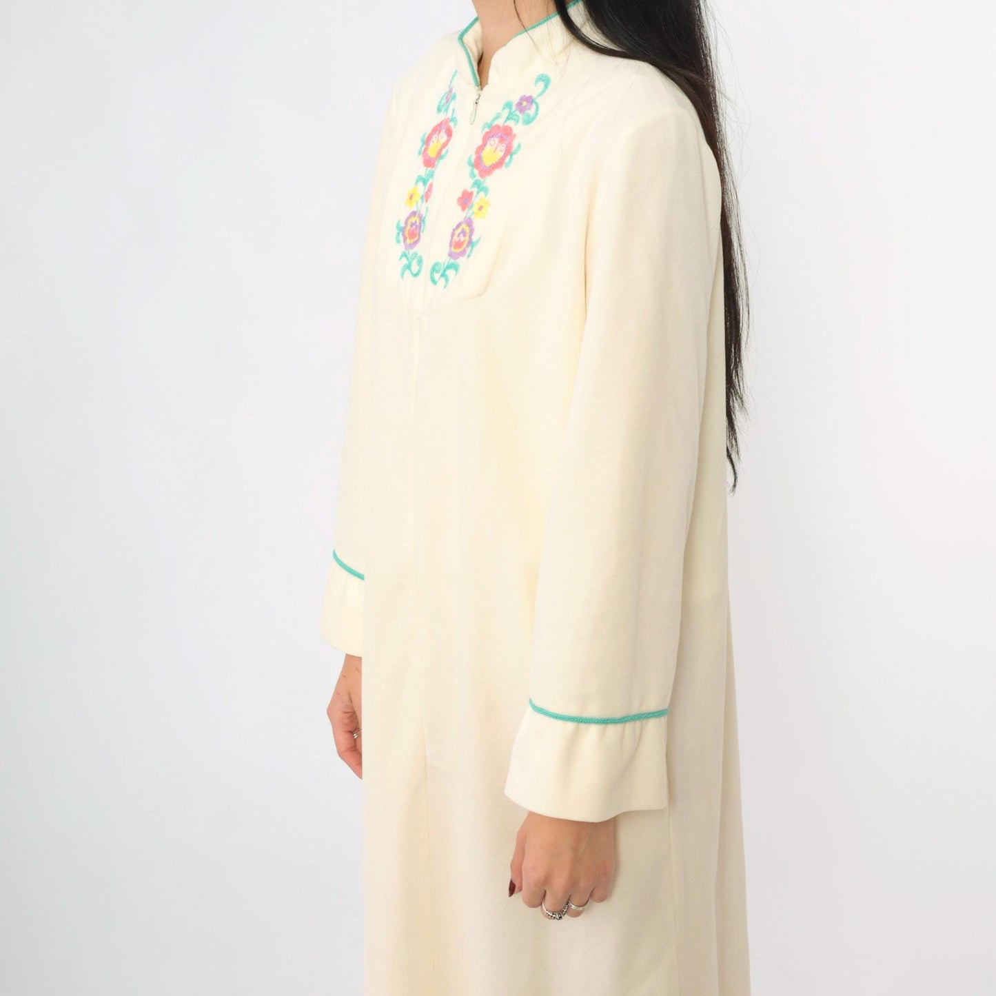 80s Cream Velour Lounge Dress Floral Embroidery Zip Front Ankle Length Small