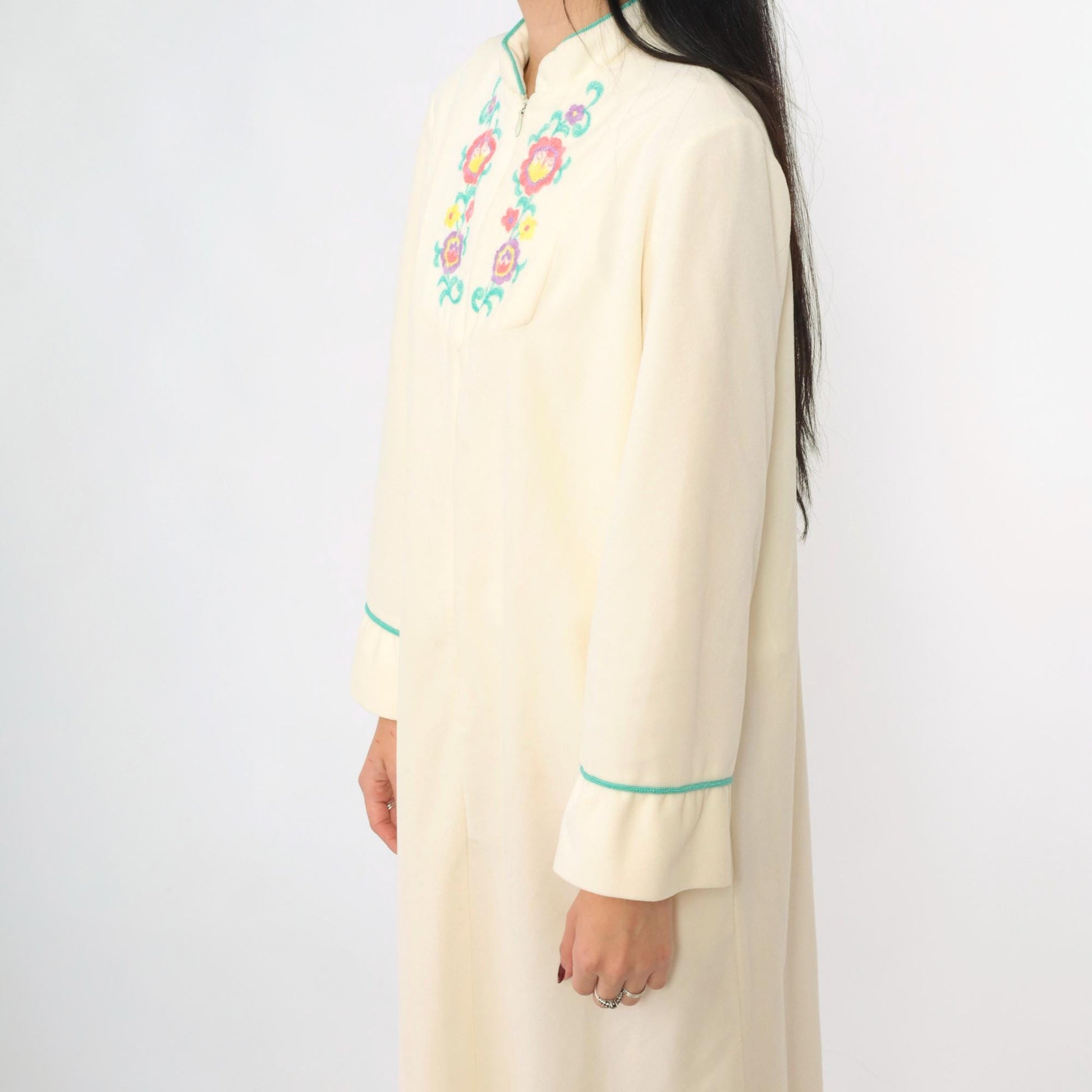 80s Cream Velour Lounge Dress Floral Embroidery Zip Front Ankle Length Small