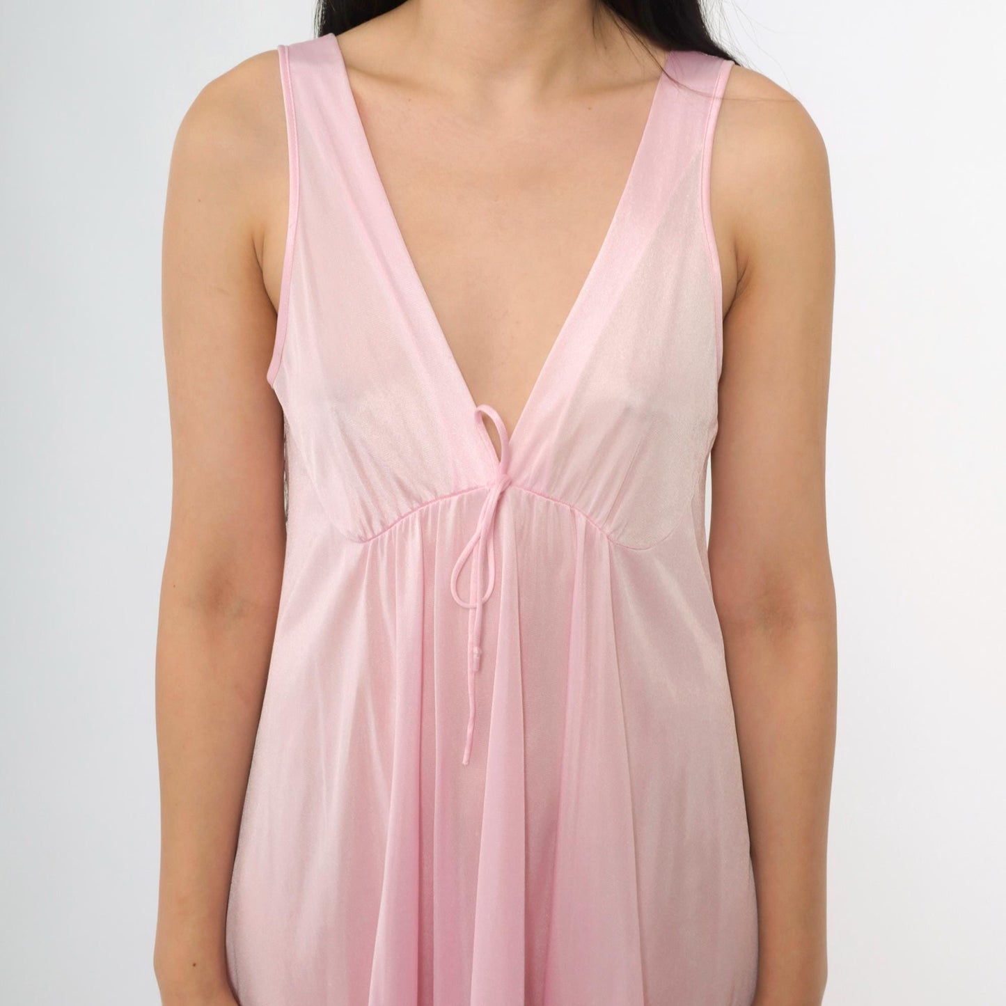 80s Baby Pink Nylon Nightgown Deep V Neck Empire Waist Midi Small