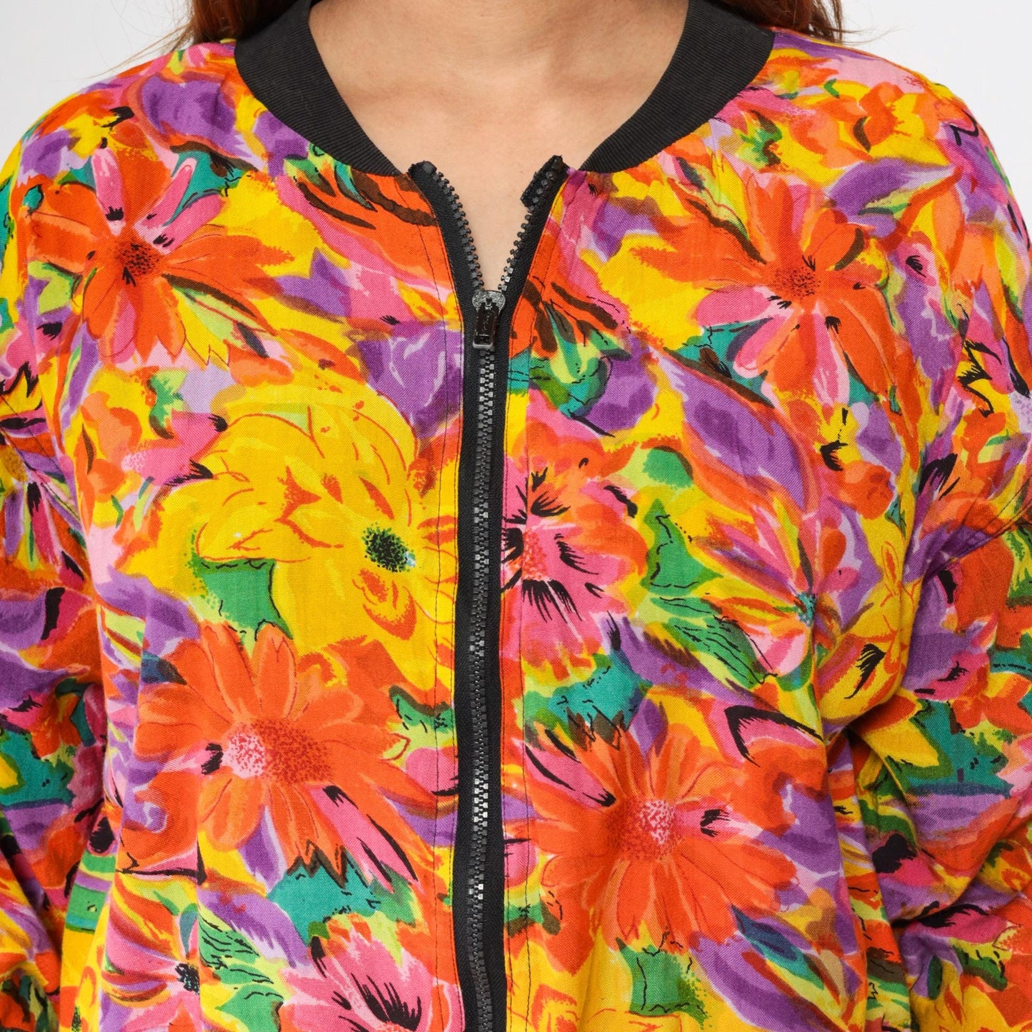 90s Floral Abstract Bomber Jacket Windbreaker Cropped Zip Drawstring Small