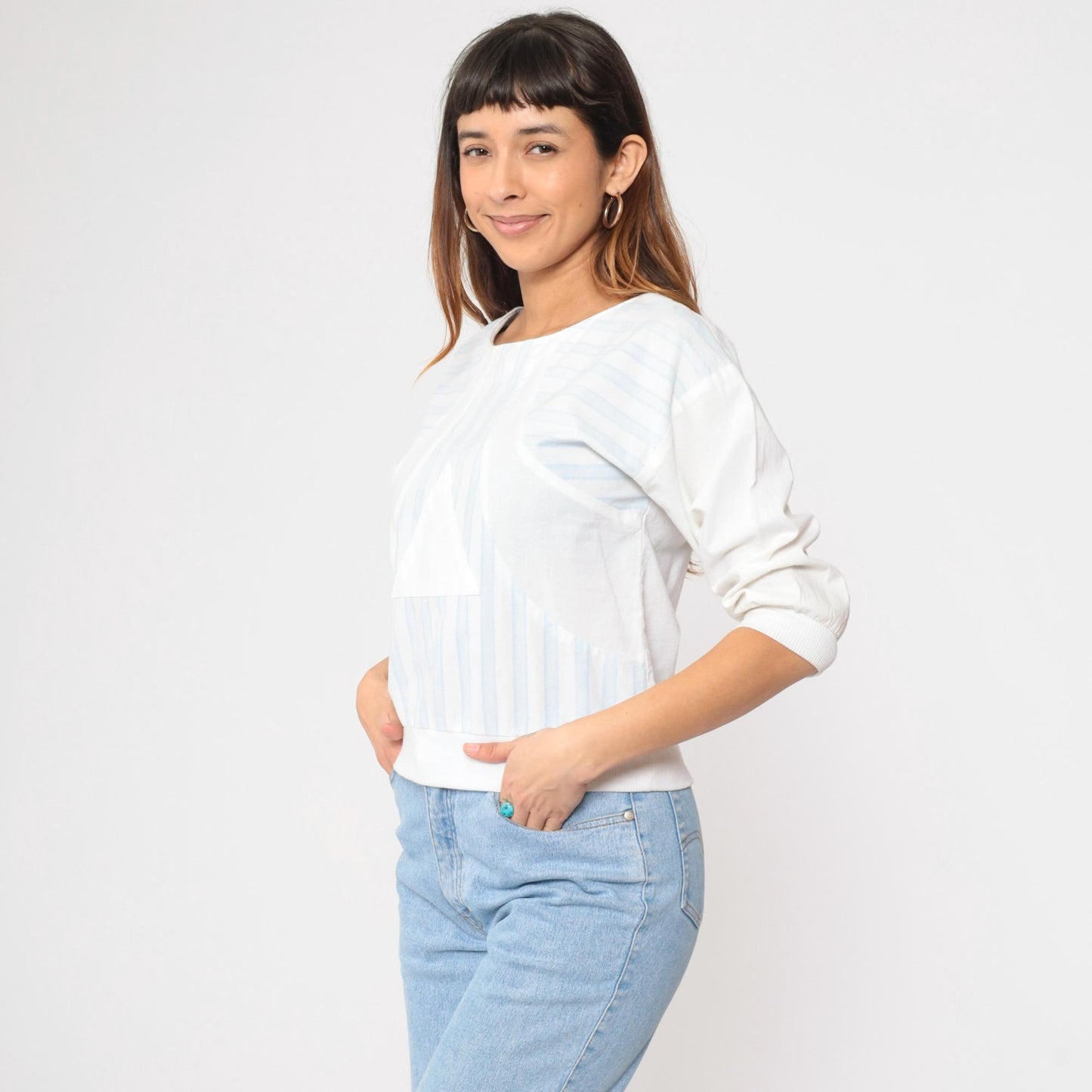 80s Striped T-Shirt Baby Blue White Triangle Graphic Half Sleeve Small