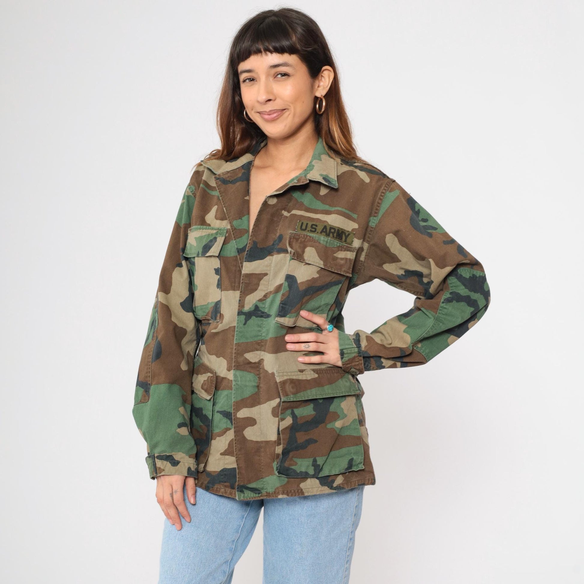 90s US Army Woodland Camouflage Field Jacket Button Up Small Regular