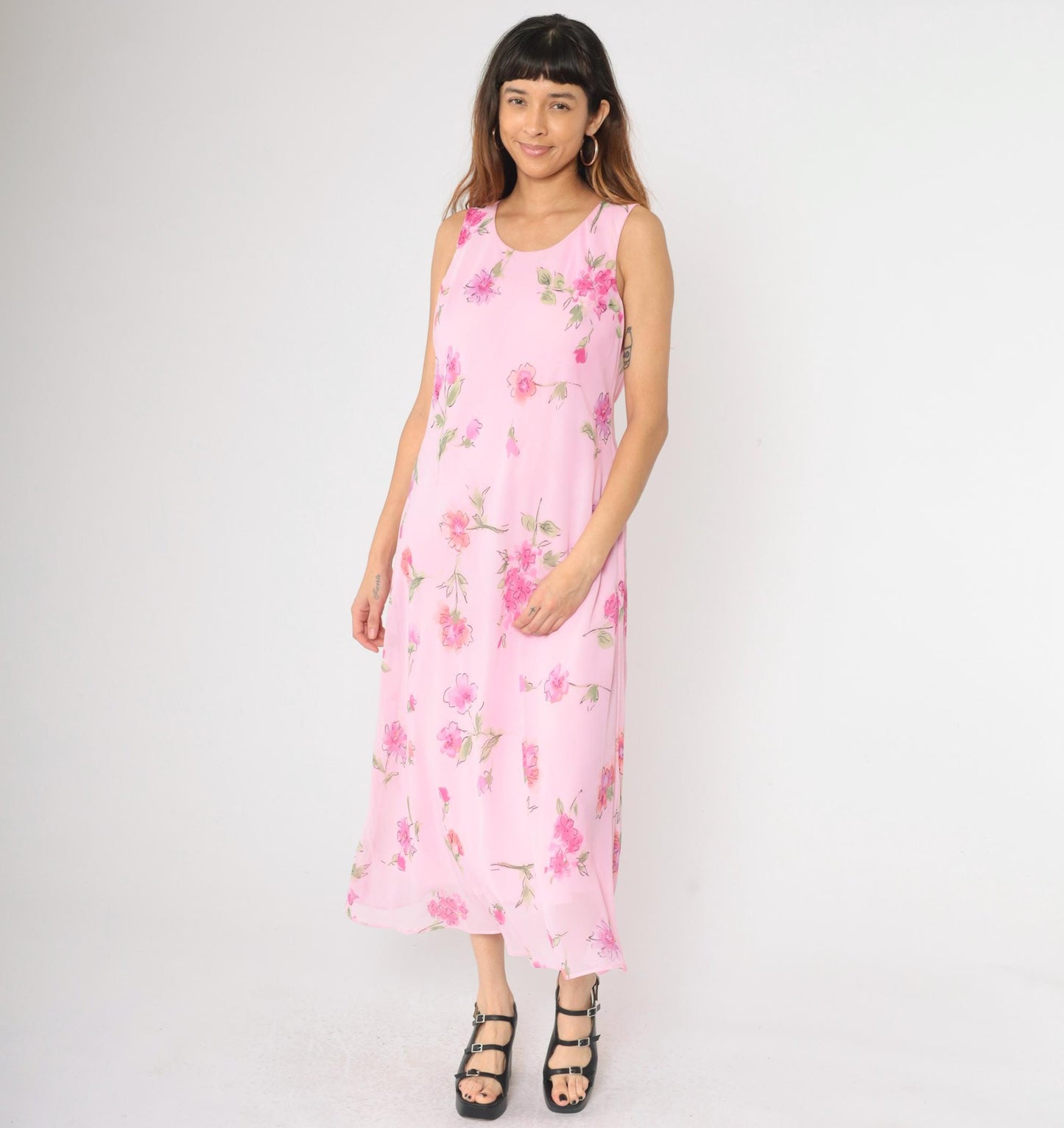 90s Pink Floral Maxi Dress Sleeveless Scoop Neck Chiffon Overlay Large 12