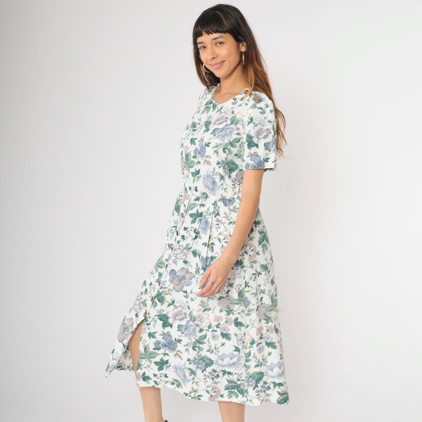 90s Floral Button Midi Dress White Blue Green Print Short Sleeve Medium M