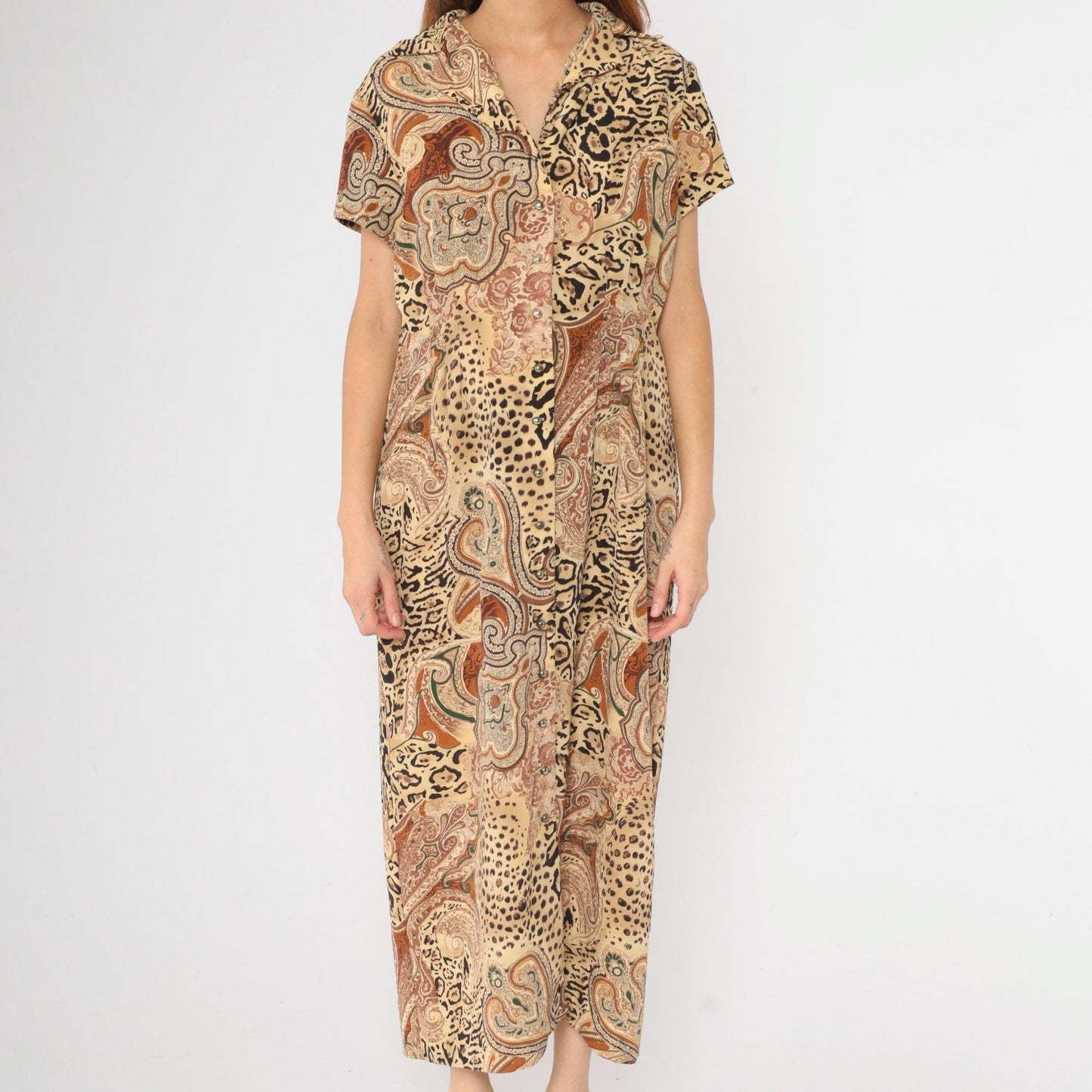 90s Leopard Paisley Maxi Shirtdress Animal Print Button-Up Yellow Burnt Orange Large 14