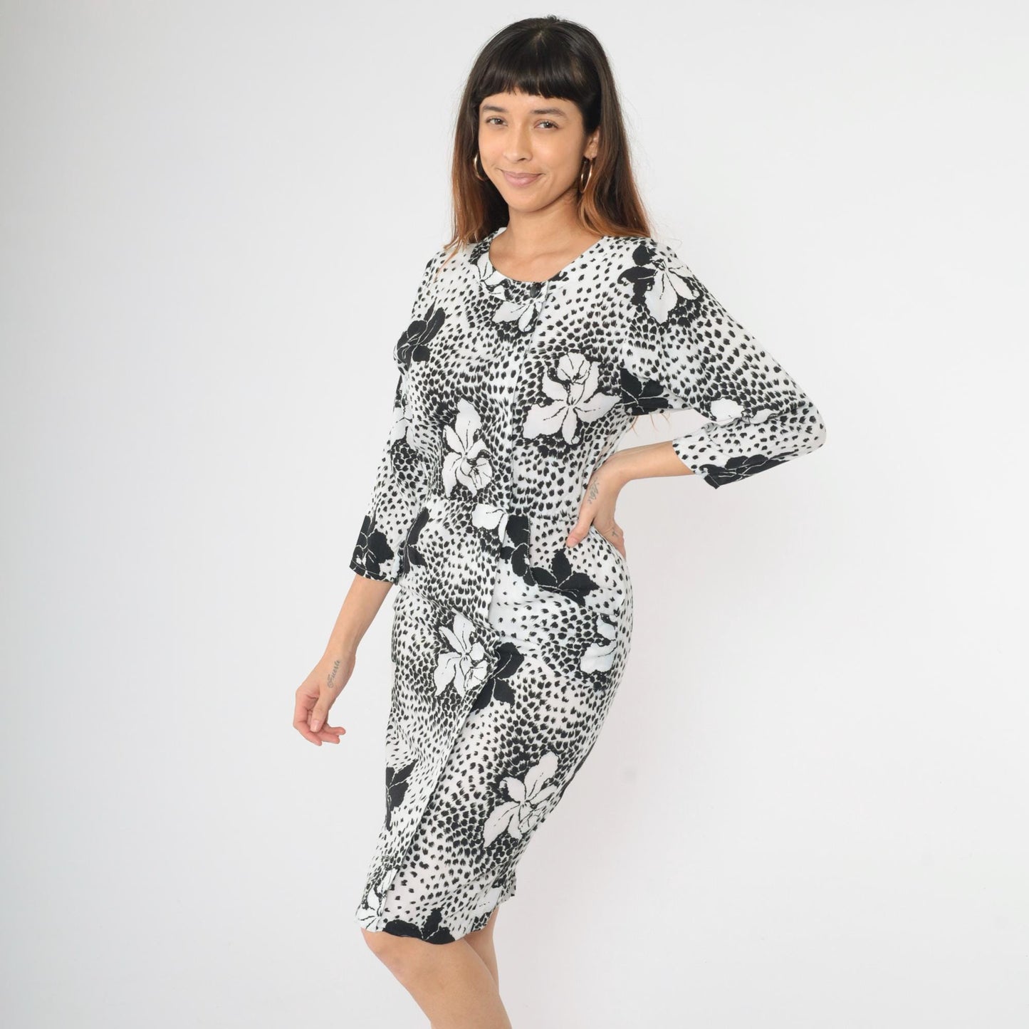 80s Black White Tropical Floral Midi Dress High Waist Pencil Long Sleeve Small