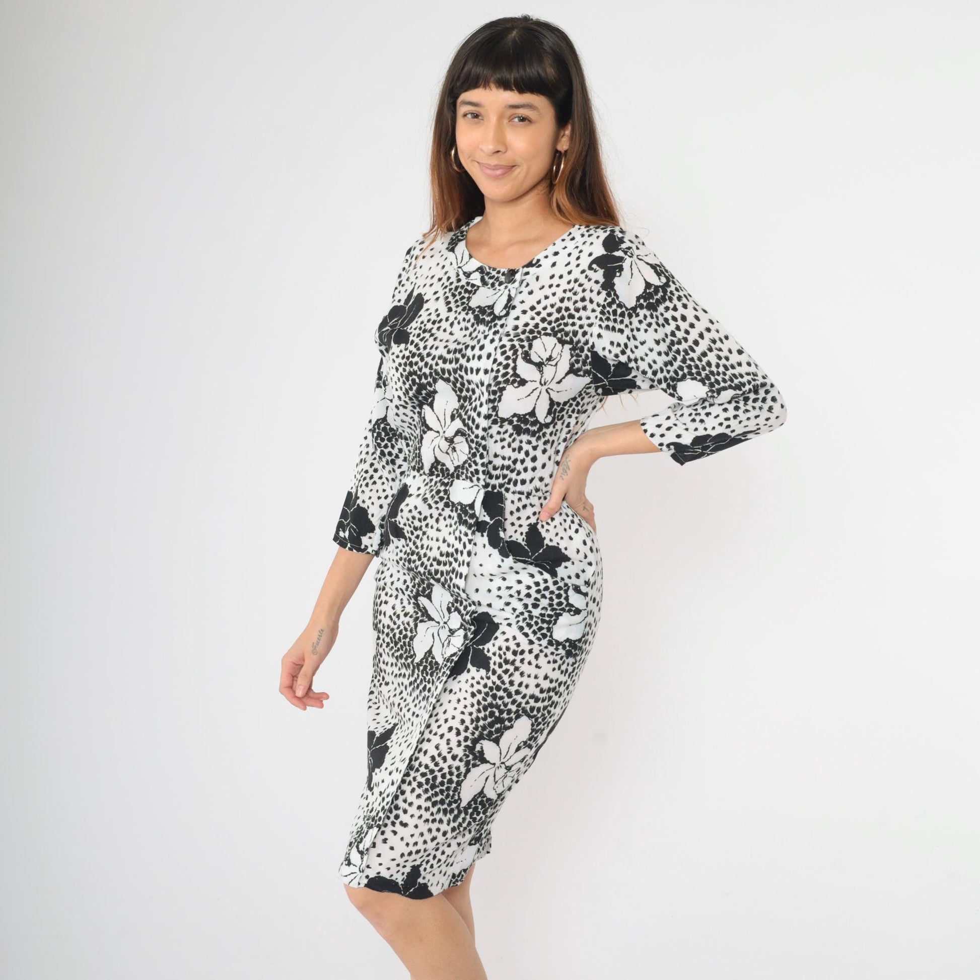 80s Black White Tropical Floral Midi Dress High Waist Pencil Long Sleeve Small