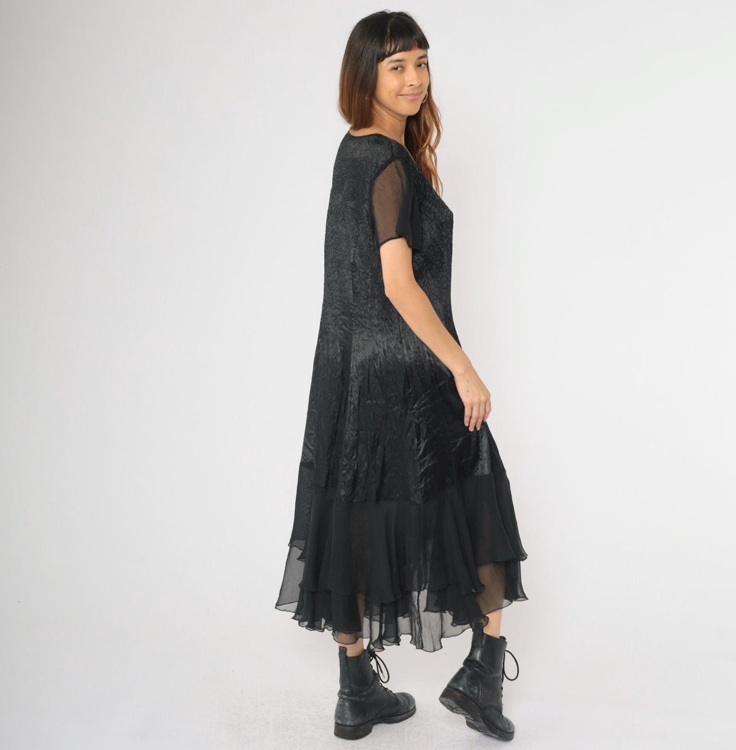 90s Black Satin Tiered Chiffon Midi Dress Flutter Sleeve Scoop Neck Large