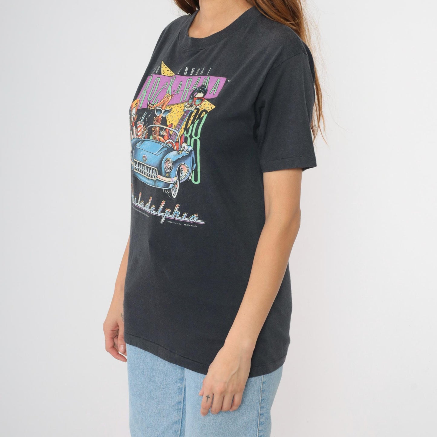 80s Rock-a-Rama Philadelphia Graphic T-Shirt Black Rockabilly Car Small