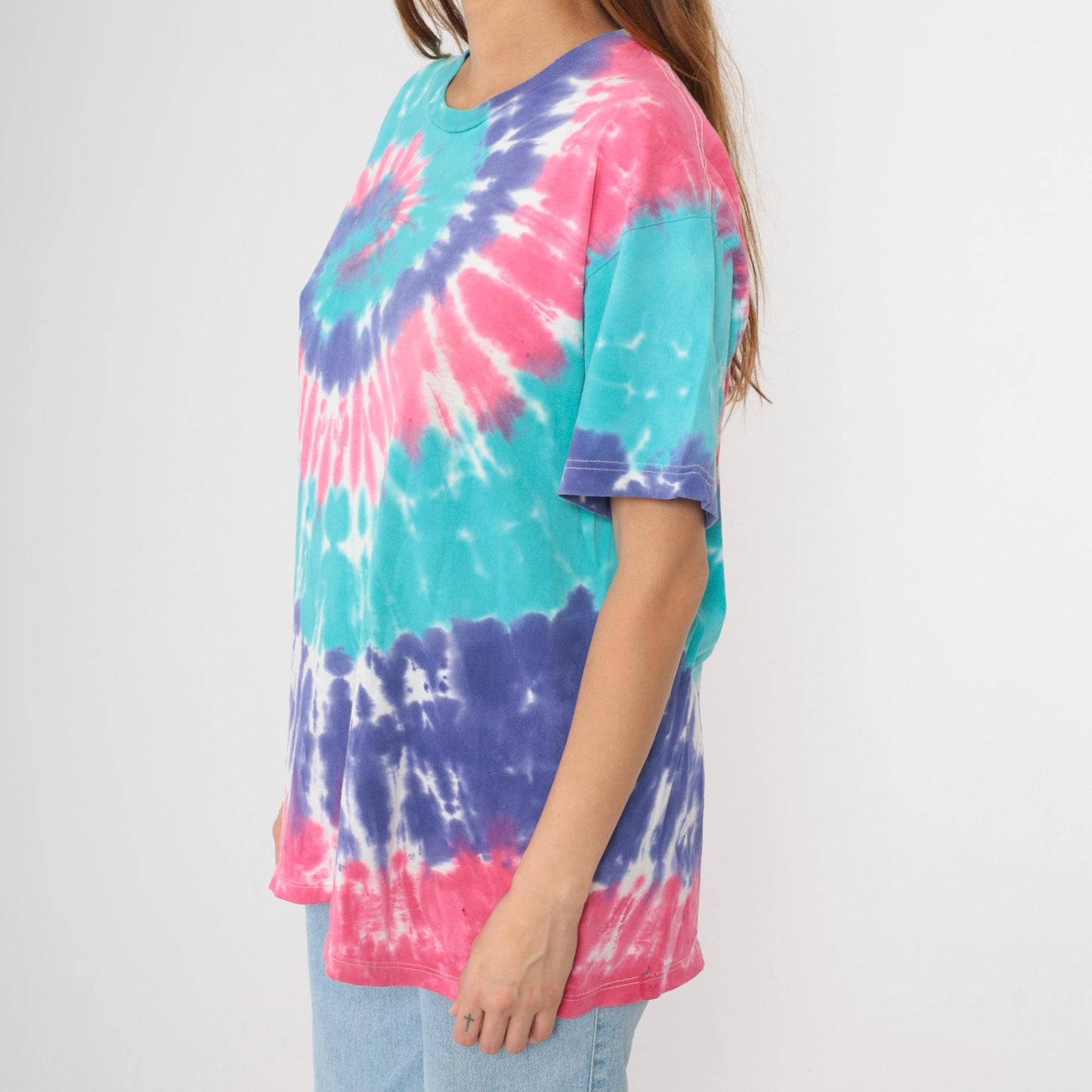 90s Tie Dye Swirl T-Shirt Pink Purple Turquoise Distressed Cotton Crewneck Large