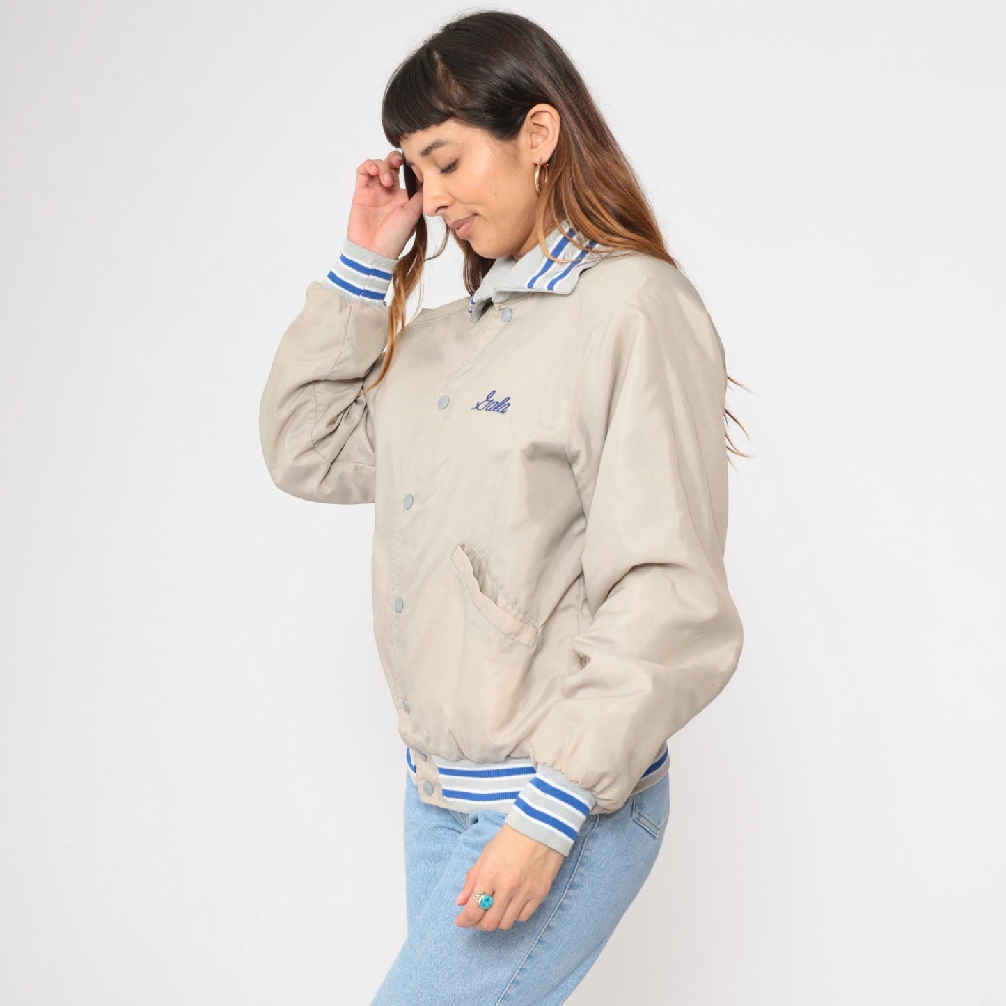 80s Butwin Veterinary Clinic Bomber Jacket Beige Royal Blue Snap Medium