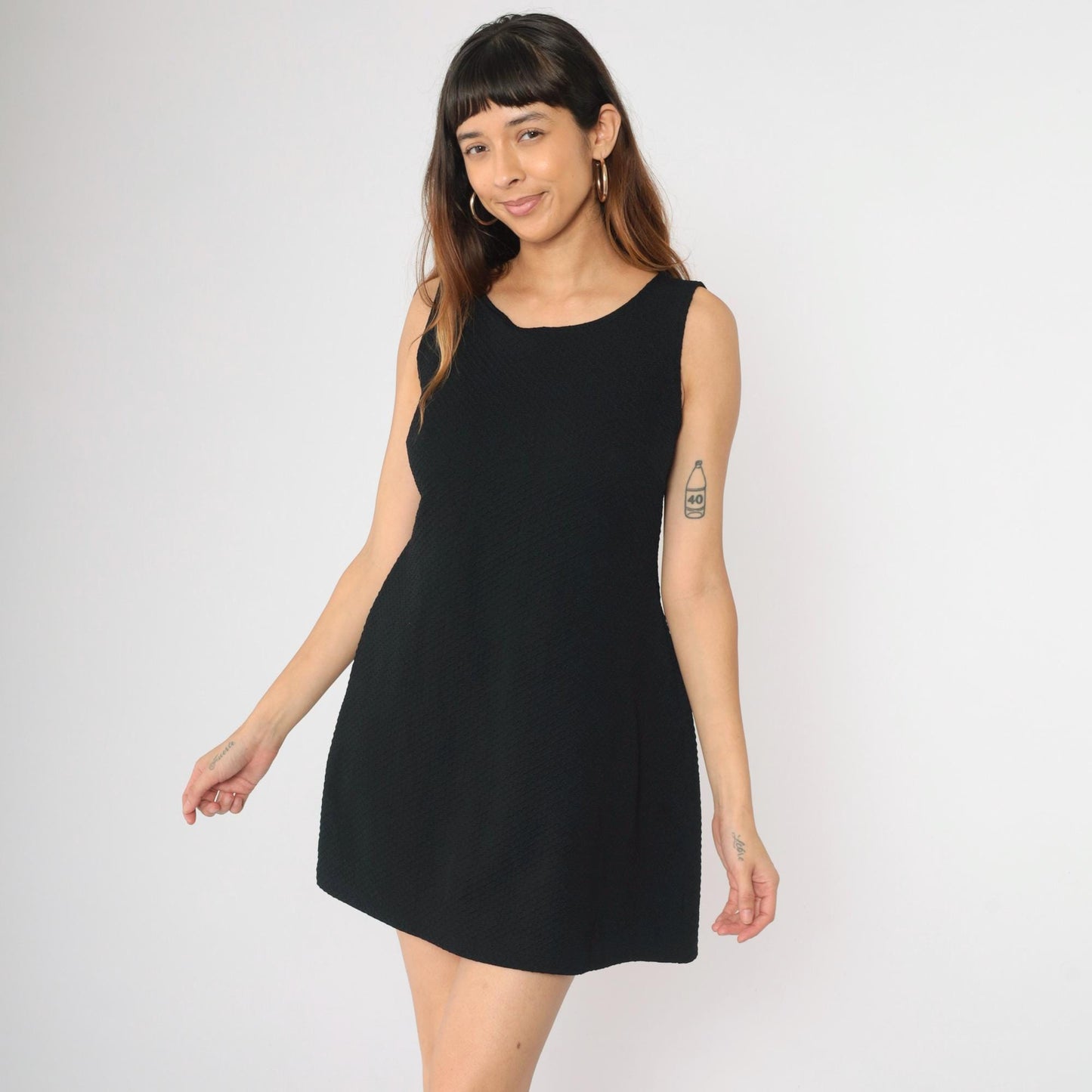 90s Black Honeycomb Textured A-Line Mini Dress Sleeveless Scoop Neck Small Medium