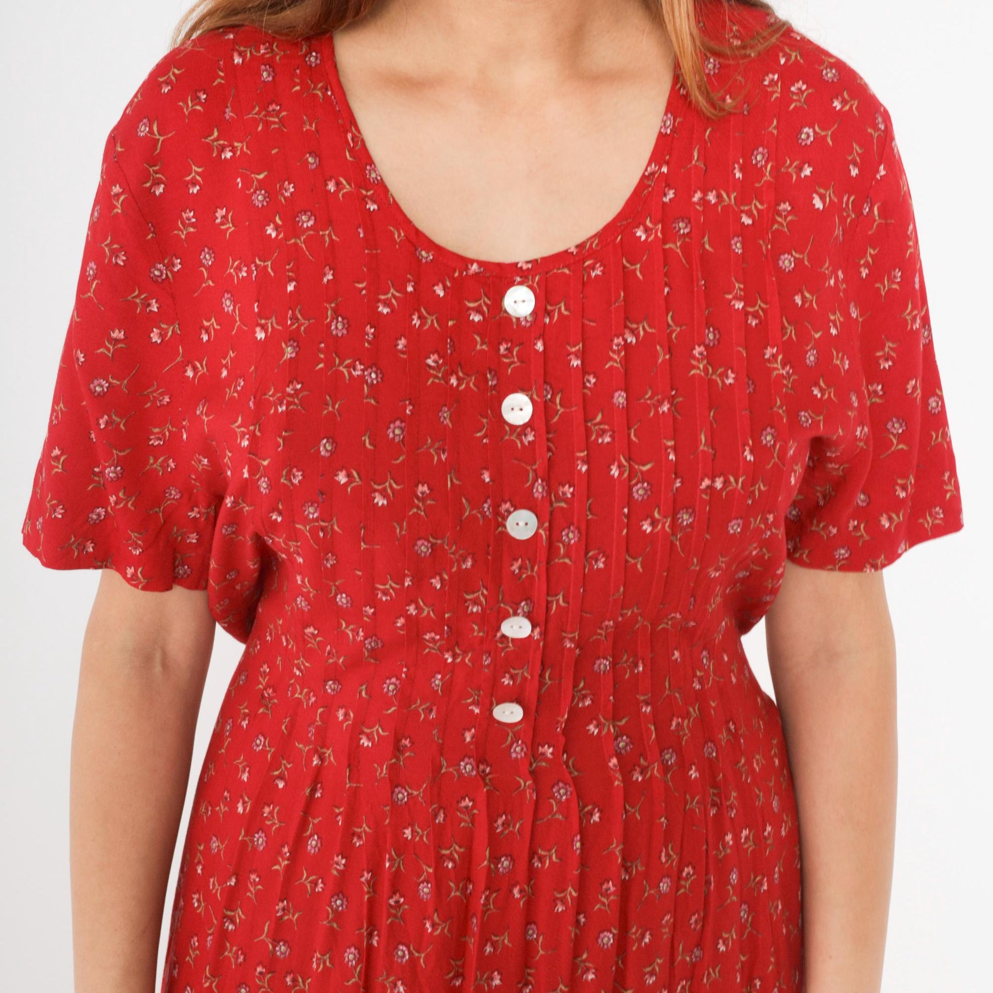 90s Betsy Lauren Red Floral Maxi Dress Scoop Neck Short Sleeve Medium
