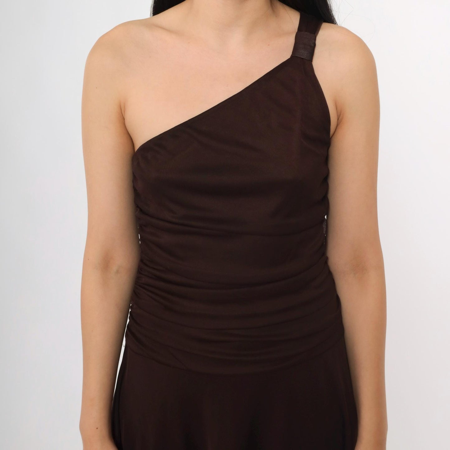 Y2K Brown Mesh One-Shoulder Midi Dress Ruched Asymmetrical Small S